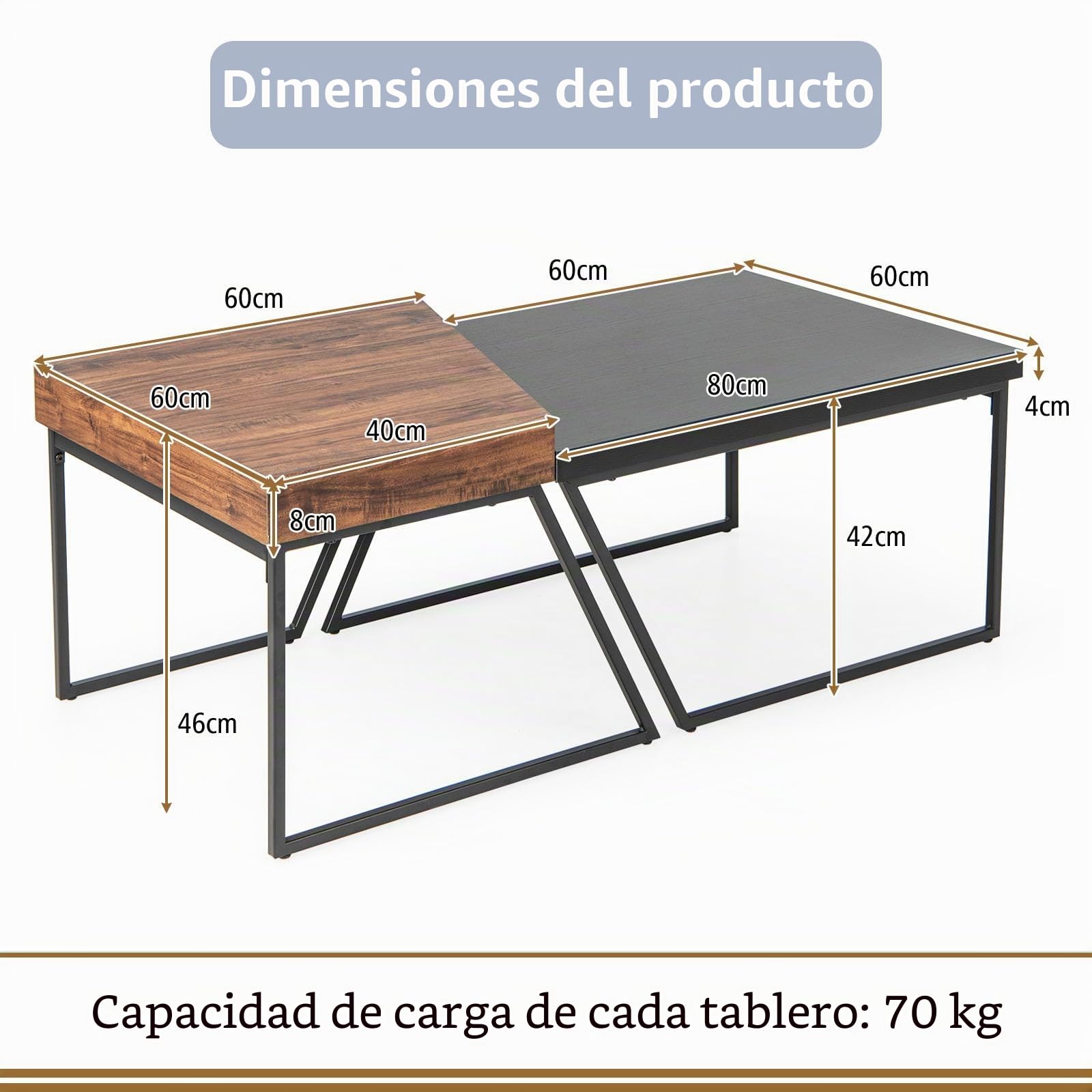 LIFEZEAL Juego de 2 Mesas de Centro Nido Rectangulares | Estilo Industrial de Madera y Metal, 120 x 60 x 46cm, para Sala de Estar, Marrón y Negro