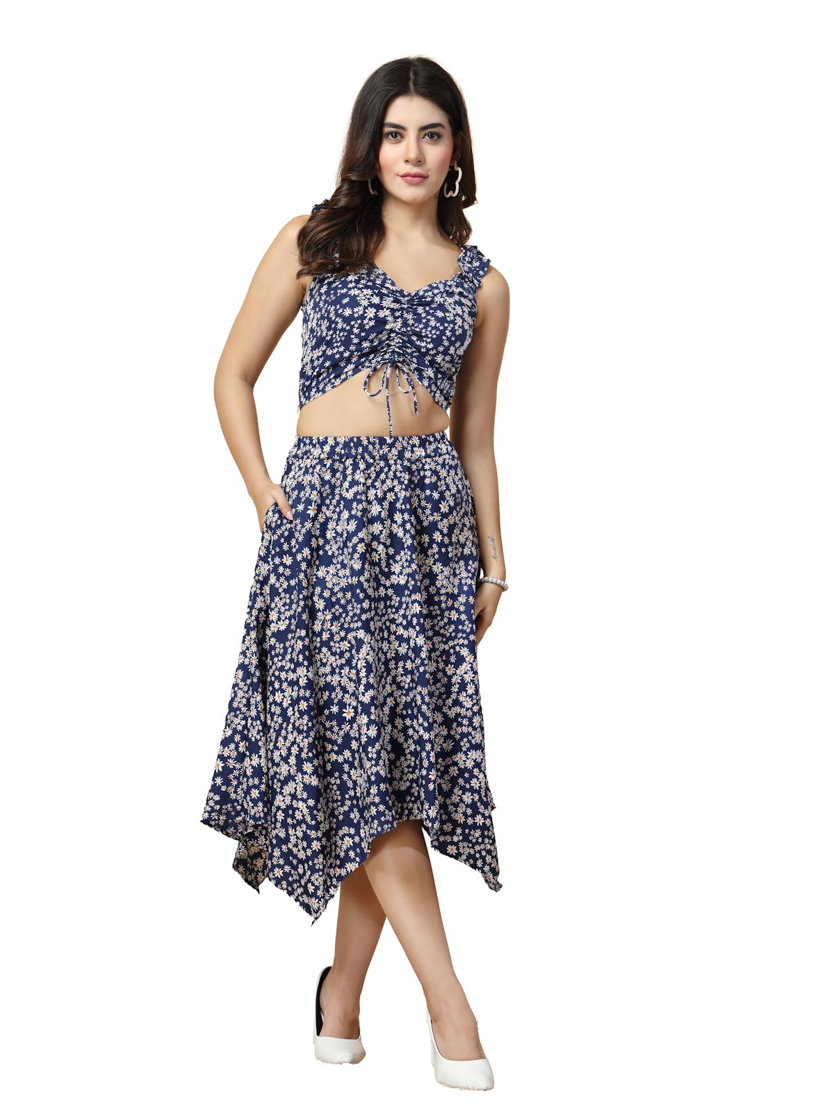 Oomph! Crepe Top And Skirt Set For Women, Blue - Coord_Mt848Msk180