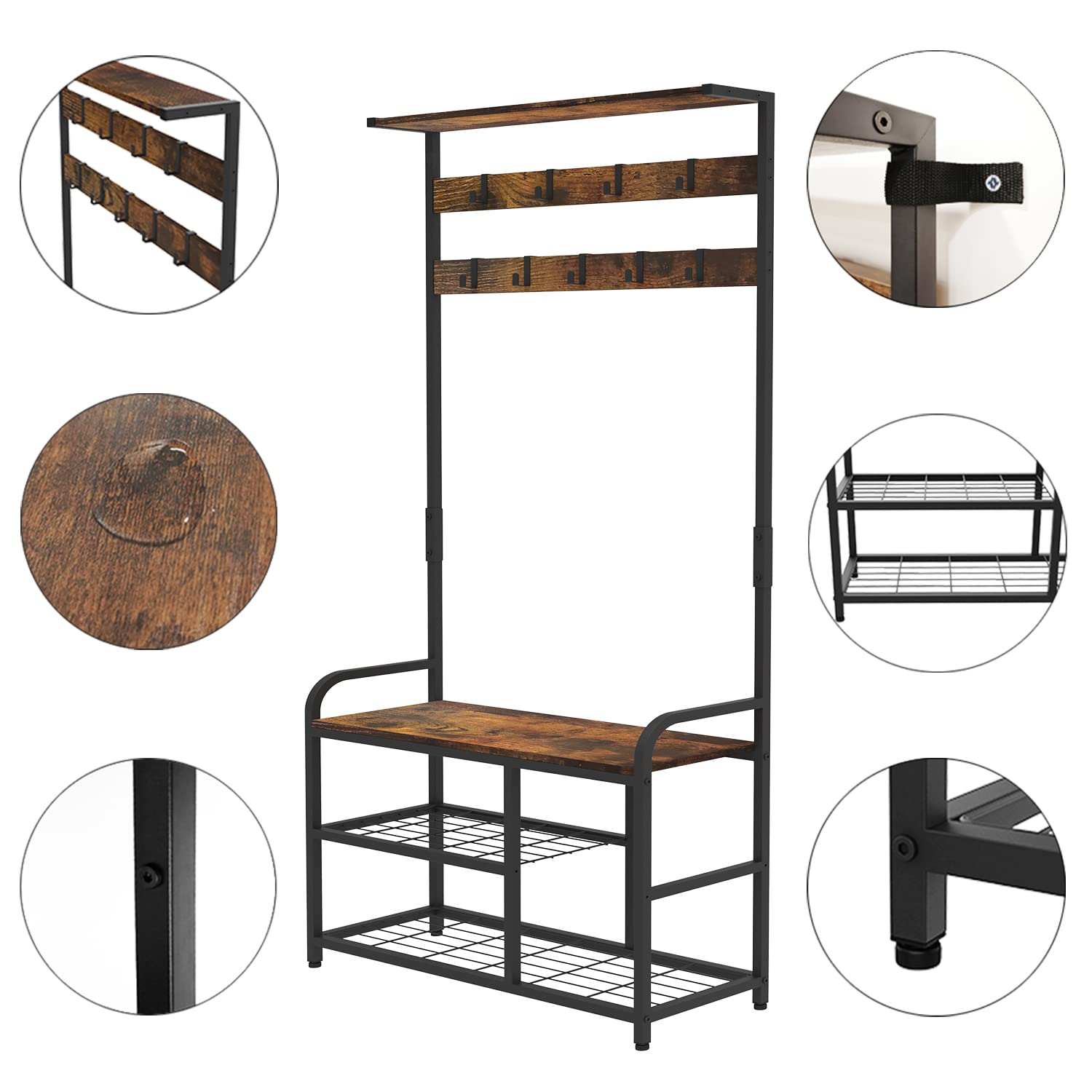 VEDECASA Armario industrial perchero zapatero con gancho desmontable granja hall árbol estante de entrada estante de almacenamiento marco de metal marrón rústico grande fácil de montar (marrón)