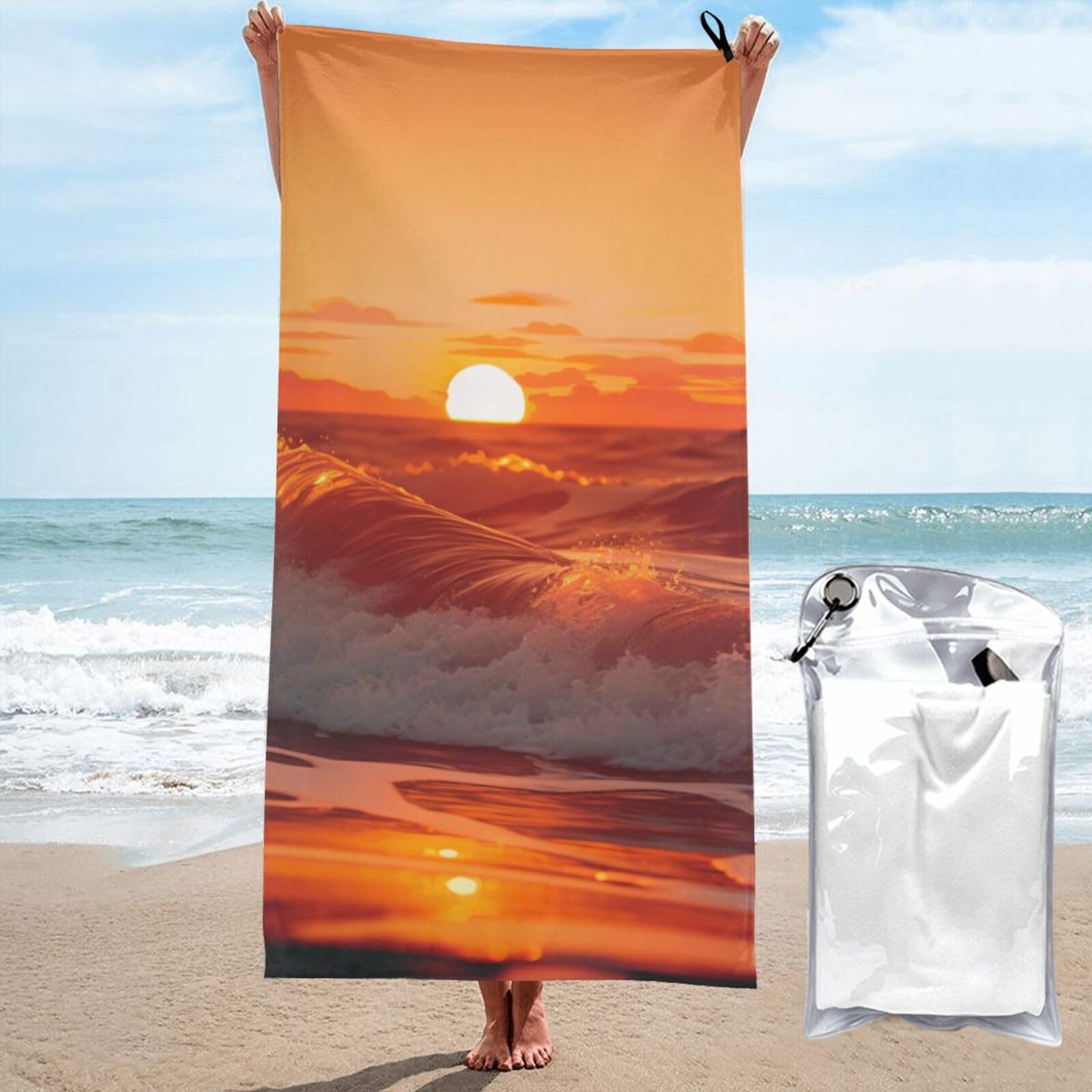 BWWHCCTI sunset with sea waves Printed Microfiber Quick Dry Beach Towel 80x160 CM, Fast Drying Bath Towels with Bags for Travel,Camping,Gym,Beach,Swimming,Yoga