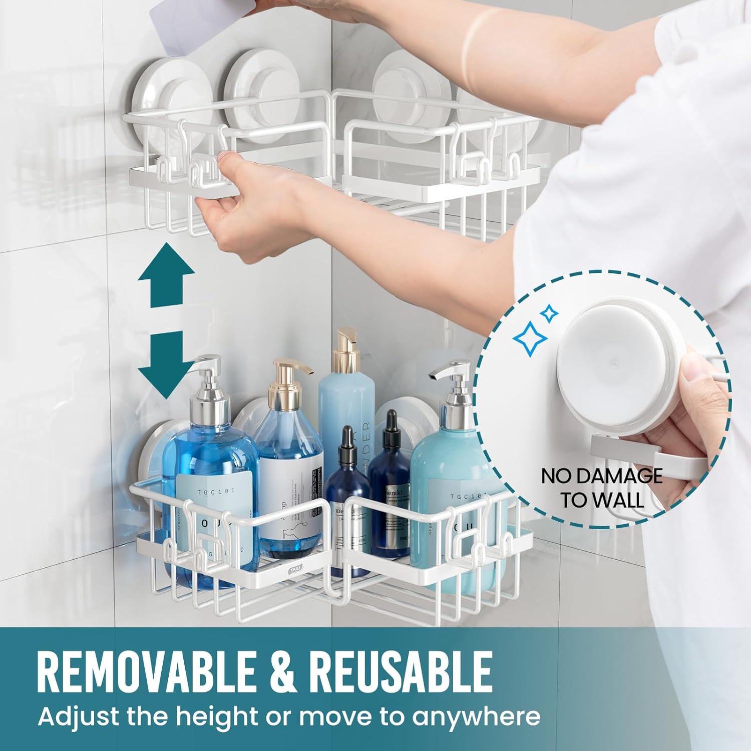 TAILI Corner-adaptive Suction Cup Shower Caddy 2 Pack, Stainless Steel Rustproof Corner Shower Shelves, Drill-Free Wall Mounted Baskets, Large Capacity Removable Suction Cup Bathroom Organizer, White