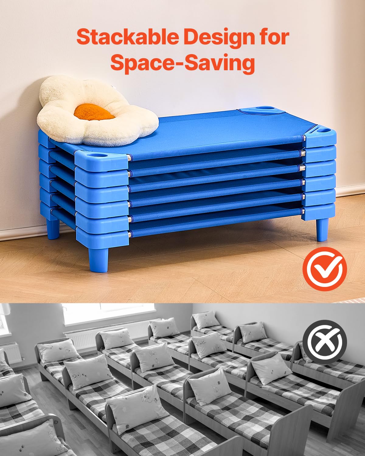 VEVOR Lettino Impilabile per Bambini 102 x 57 cm Lettini Portatili per Pisolino dei Più Piccoli, 6 Pezzi, Dimensioni Standard, Lettini per Asili Nido per Bambini, Letti per Asili Nido per Dormire, Blu