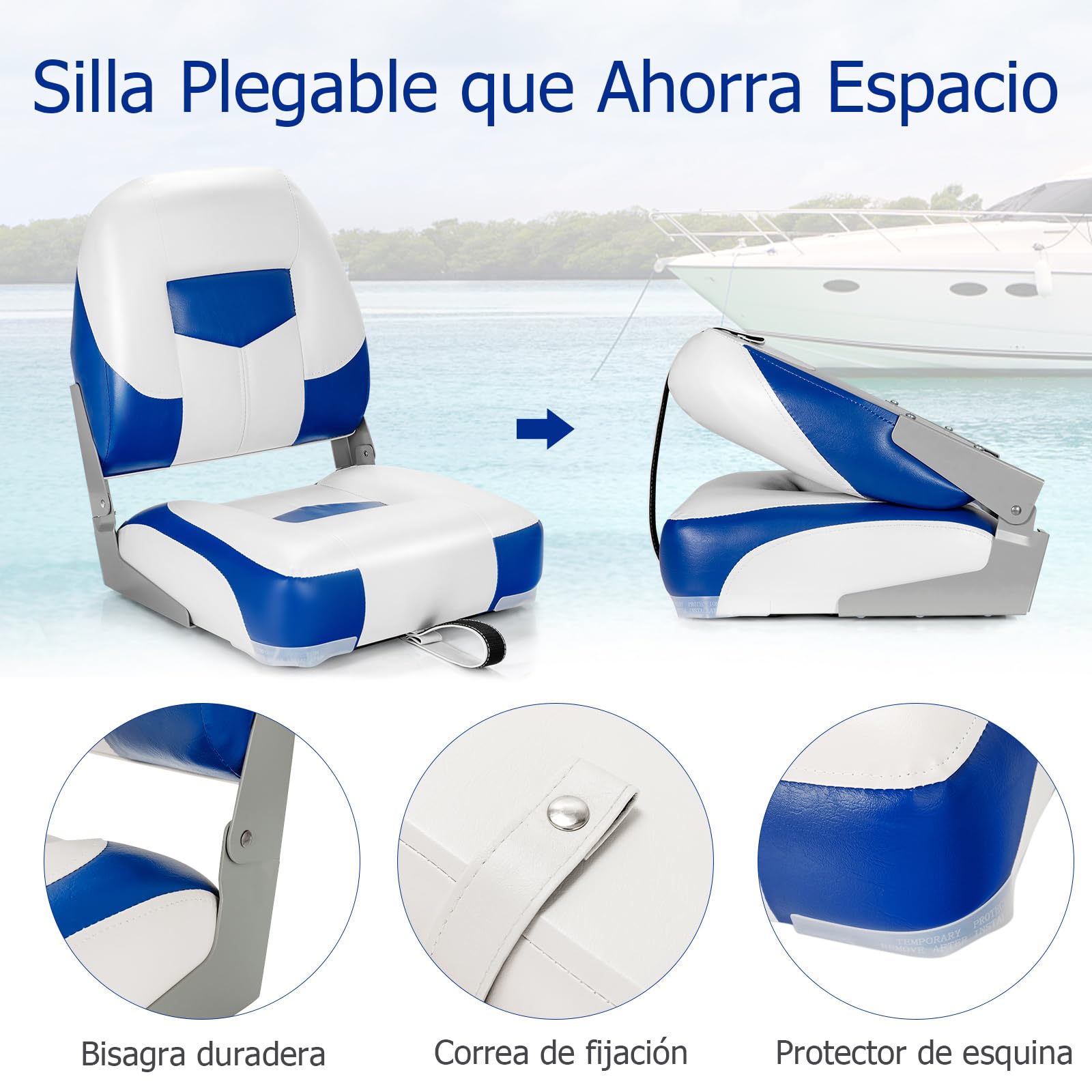 GOPLUS Juego de 2 Asientos de Barco, Silla Plegable para Barco Impermeable, Asiento Yate Ergonómico con Correas y Tornillos de Fijación, 42 x 50 x 52 cm, para Pescar, Pilotaje, Barco de Pesca (Azul)