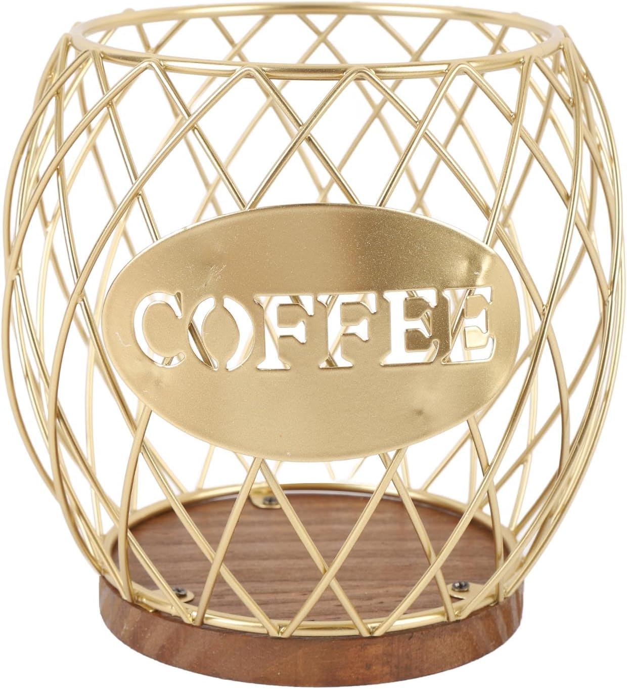 Coffee Pod Holder - Large Capacity Wire K Cup Storage with Wooden Base - Modern Coffee Basket Decor for Kitchen Counter and Office Desktop (Gold)