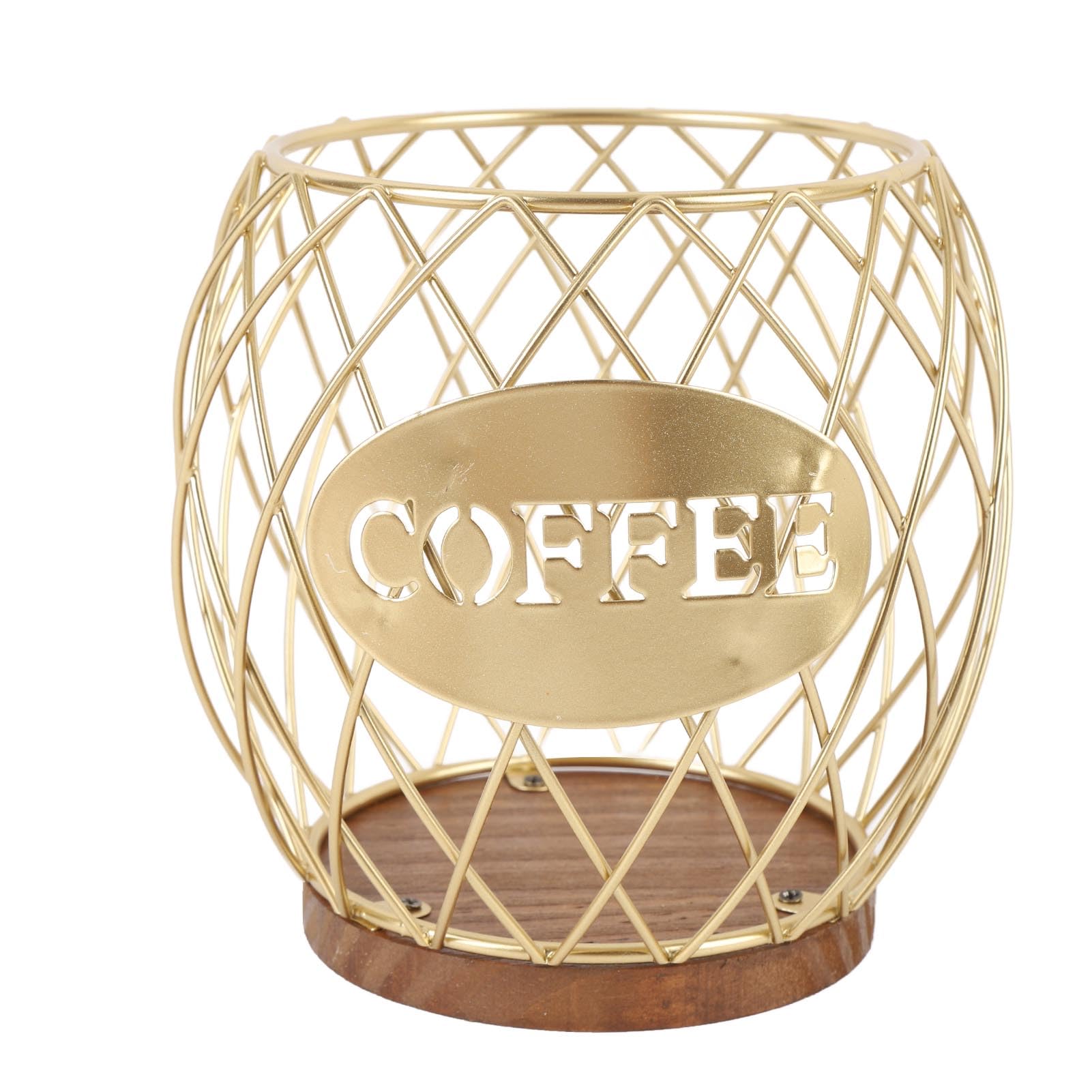 equlup Coffee Pod Storage Basket, Large Capacity Sturdy Coffee Pod Holder Container with Wooden Base for Home Bar Shop Counter Office Desktop (Gold)