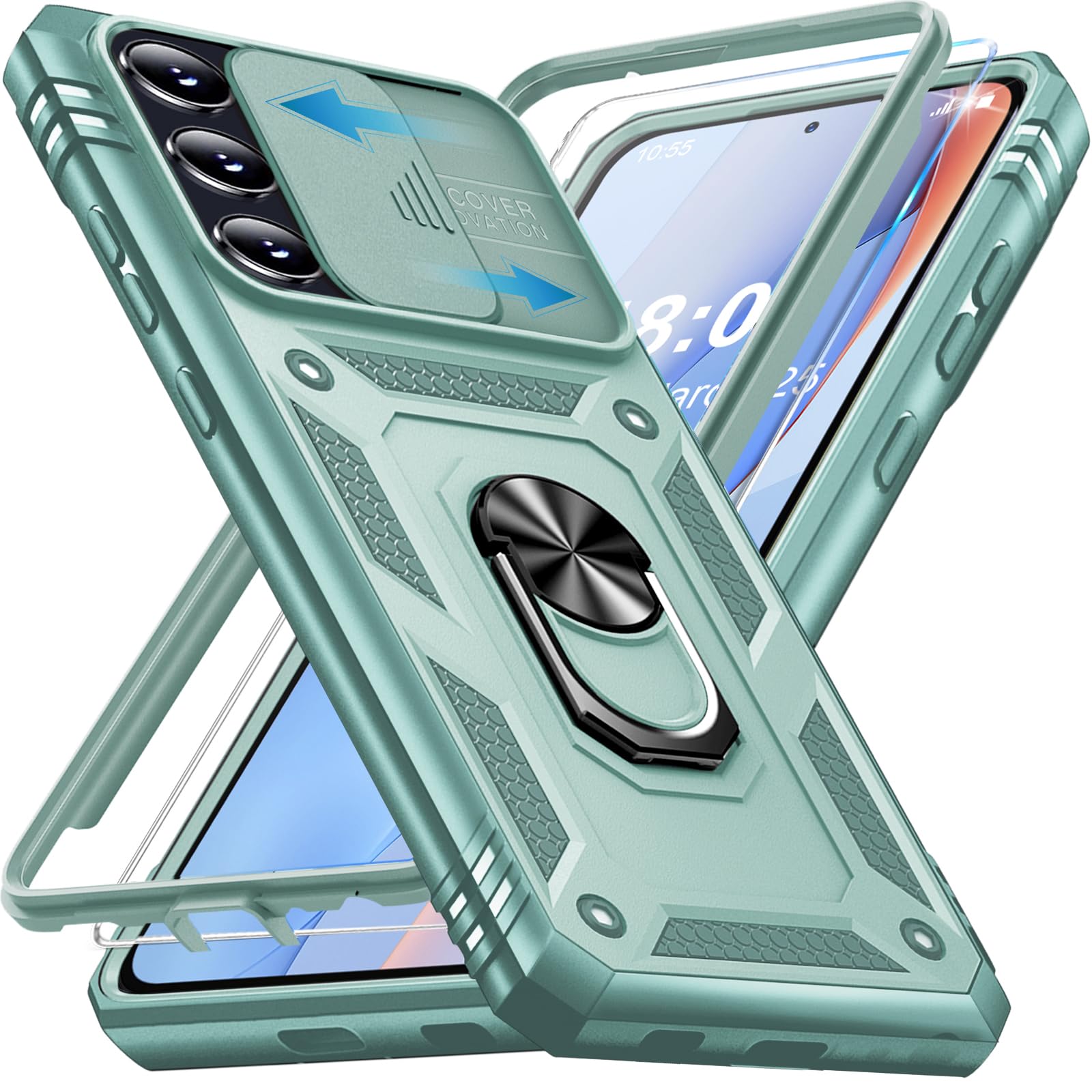 Giyer für Samsung Galaxy A35 5G Hülle mit Schutzfolie, Handyhülle A35 5G Tache mit Kameraschutz 360° Metall Ring Ständer Stoßfest Bumper Schutzhülle Samsung A35 Case Cover (Mintgrün)