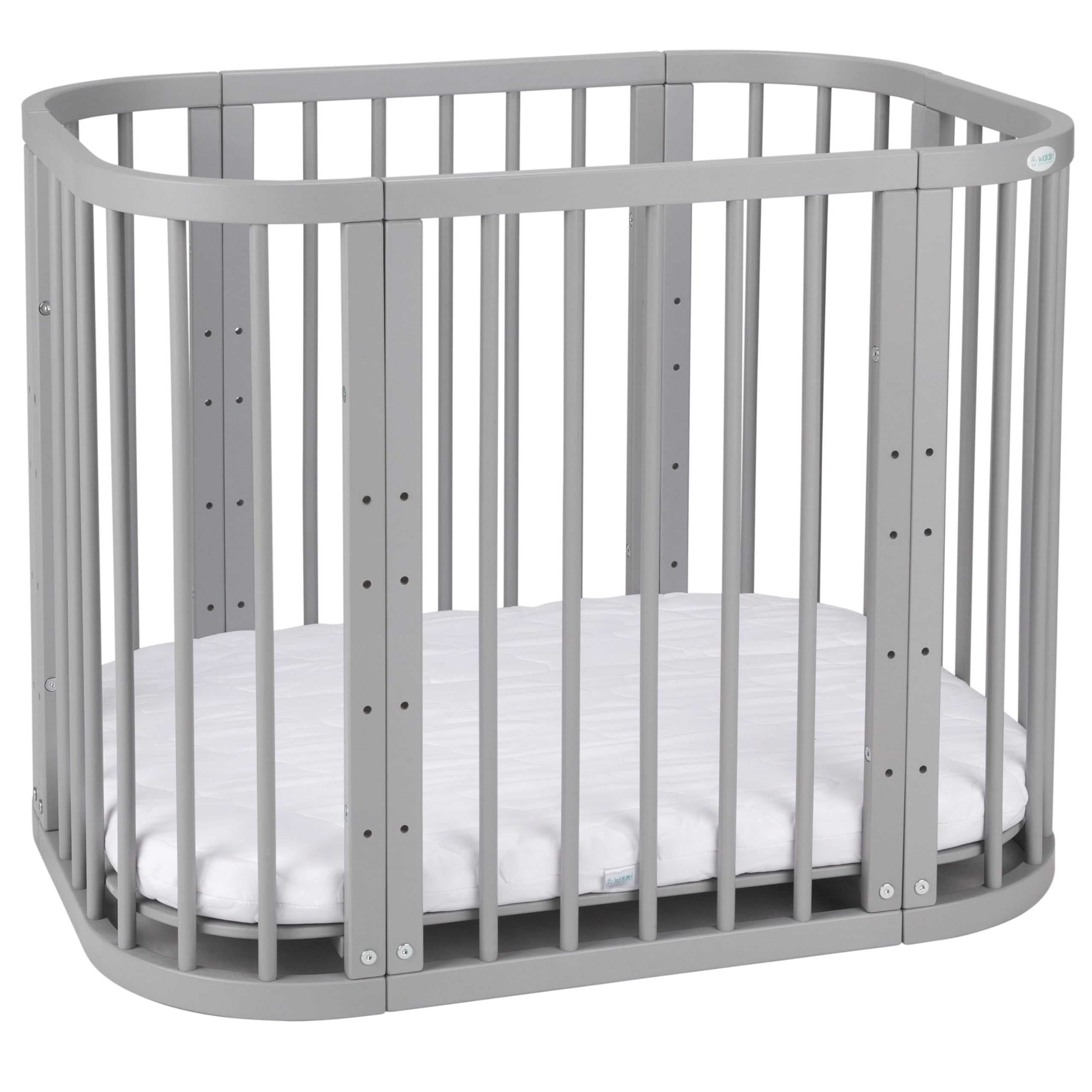 waldin Babybett 5in1, Beistellbett aus Holz, Matratze, Belüftet, Grau | Belüftet, Boden 5-fach verstellbar, Mitwachsend, Wiegefunktion optional