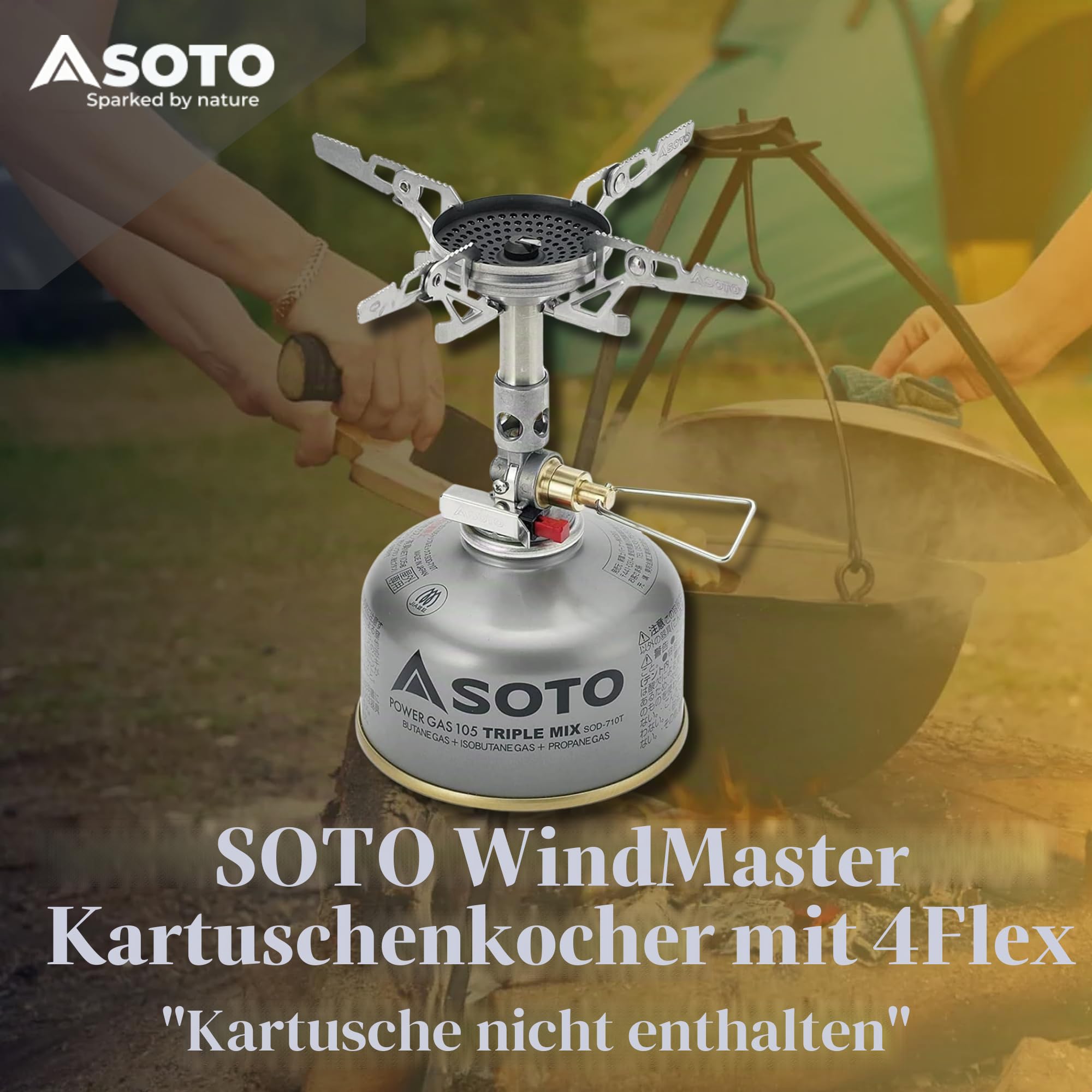 SOTO WindMaster Gaskocher mit Windschutz, ultraleicht 87 g, 3260 W | Erhöhter Rand am Brennerkopf schützt vor Wind; Micro Regulator für Kälte; leise; Piezo-Zündung; inkl. 4Flex; für Camping