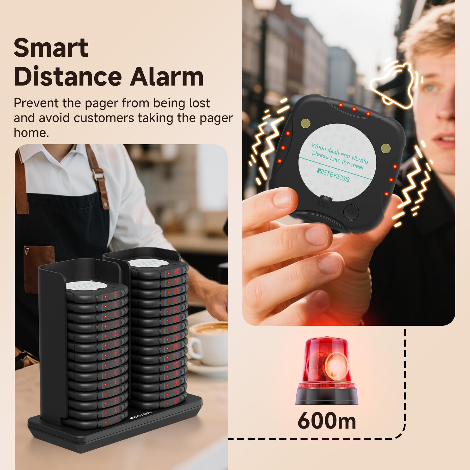 Retekess TD186 Bezprzewodowy System Przywoławczy, 30 Pagerów | Do Duża Restauracja, Klub, Największa 600M, Konstrukcja Antyprzewrotna, 300 mAh 24H, 64 Tryby Przypomnień, Plug and Play