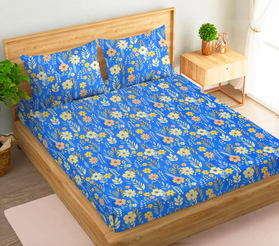 VAS COLLECTIONS 220 TC 100% Cotton Kingston Collection Super King Size Bedsheets with 2 King Size Pillow Covers| Luxury Soft Sheets (3pcs Set) |108x108 inches, Blue Multi