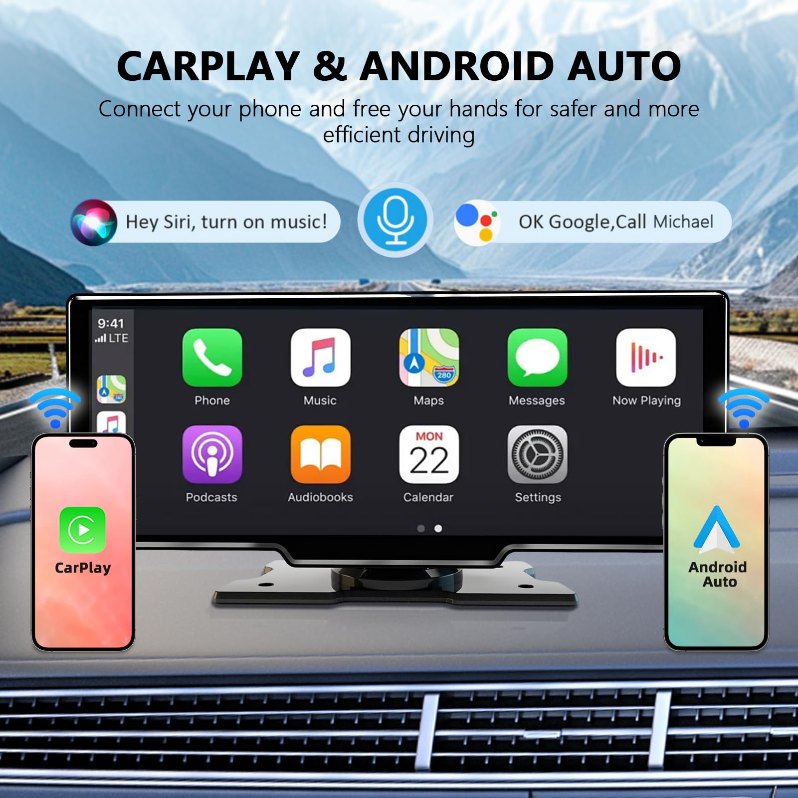 10,26 Pulgadas Pantalla Coche de Carplay Android Auto Inalambrico, Radio Coche Bluetooth con Cámara Trasera 1080P HD/FM/AUX/Mirror Link/Control por Voz/Navegación GPS