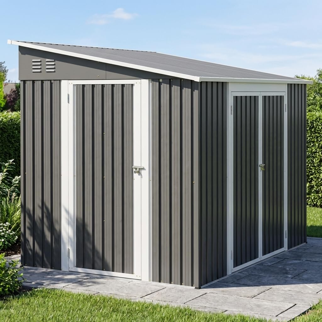 Abri de Jardin métal 1,8x2,4 m Double Porte verrouillable, Sol Inclus -Gris