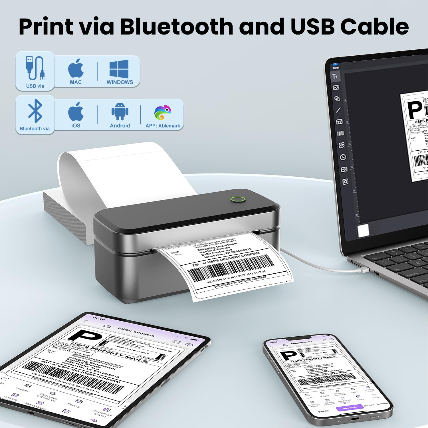 Drukarka etykiet Bluetooth, drukarka termiczna DHL 4 x 6, druk etykiet, do iOS, Android, Windows i Mac, kompatybilna z Shopify (czarna ze srebrnym połyskiem)