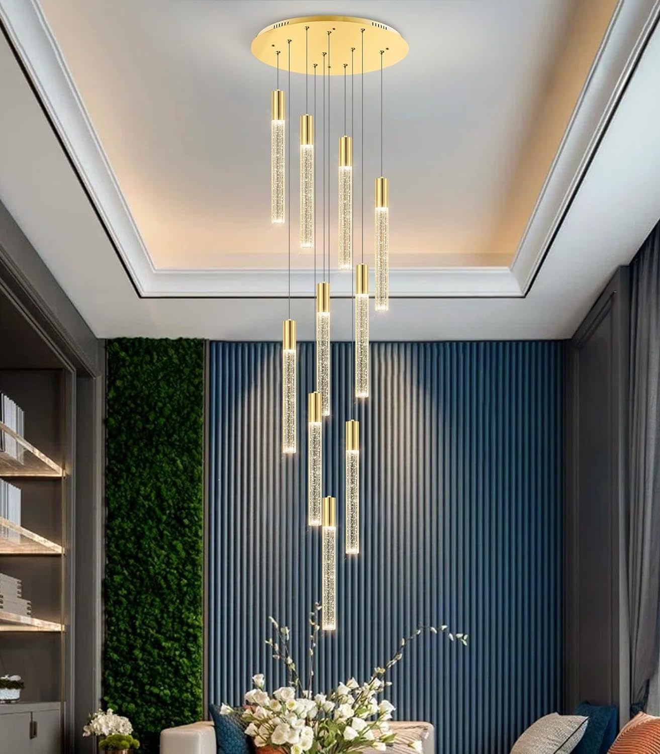Ściemnialne lampy wiszące LED, nowoczesny kryształowy żyrandol wiszący na wysokie sufity, duży żyrandol do foyer/wejścia, oświetlenie do salonu, przedpokoju, korytarza, klatki schodowej, oprawa