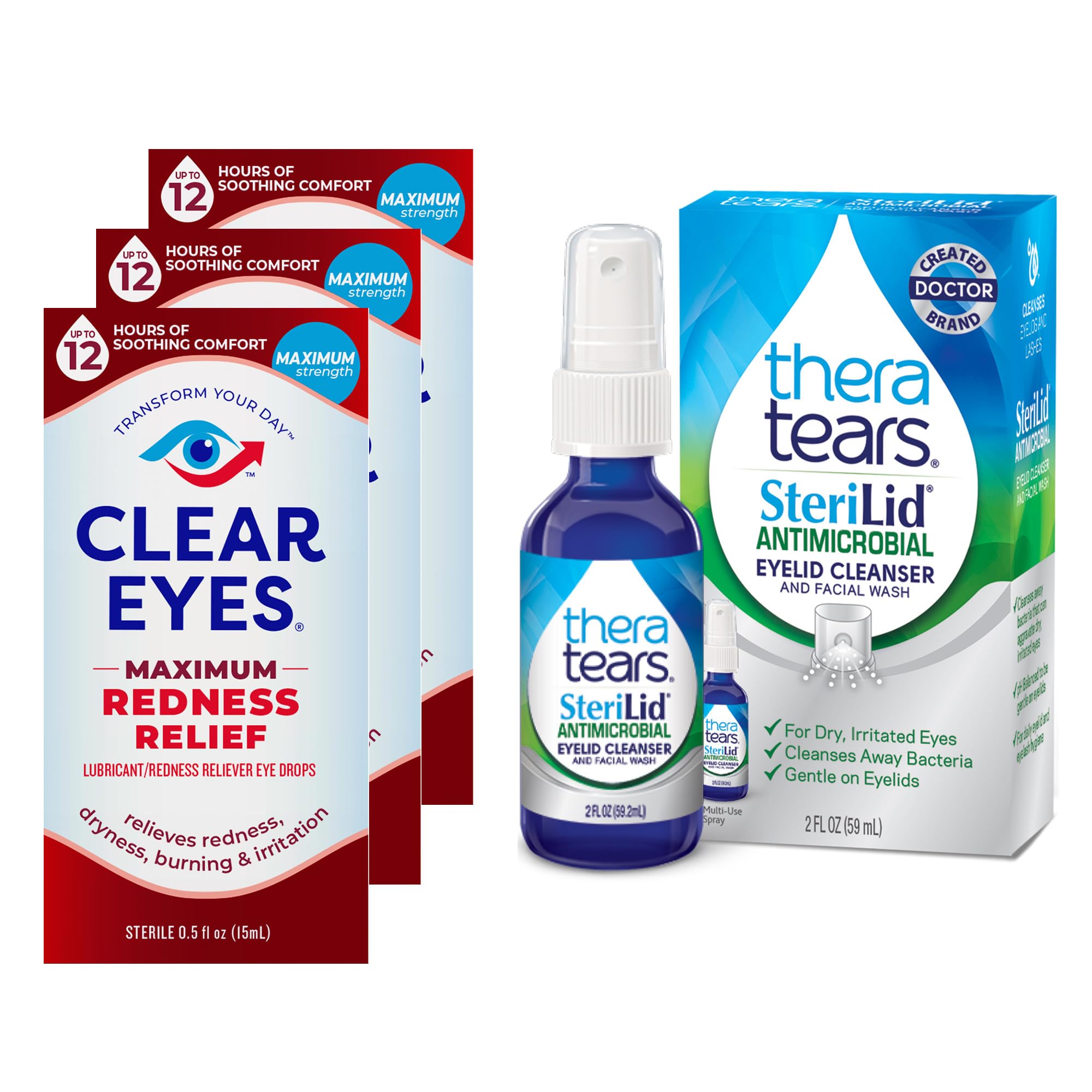 Clear EyesTheraTears Steralid Eyelid Cleanser Maximum Redness Relief Lubricant Eye Drops (0.5 fl oz, Pack of 3)