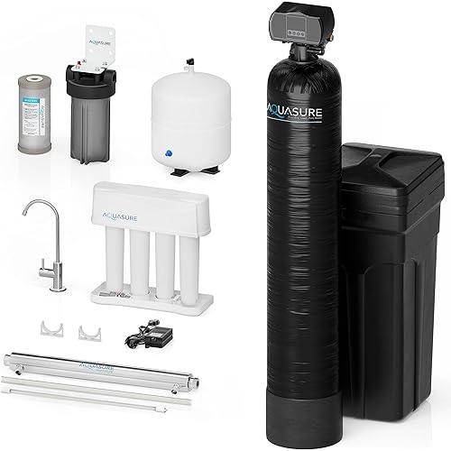 Aquasure 32,000 Grains Whole House Water Softener Bundle with 75 GPD Reverse Osmosis RO Filtration System, Triple Purpose Pre-Filter, 8 GPM Ultraviolet UV Sterilizer Light (1-2 Bathrooms)