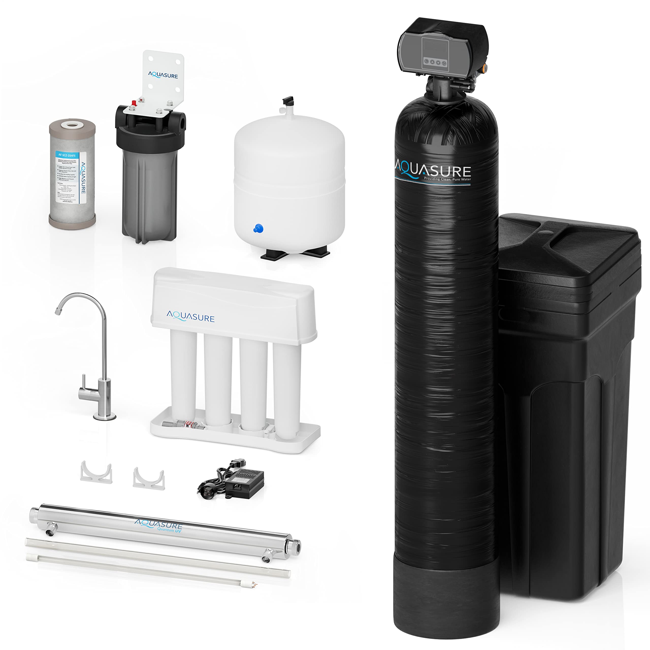 Aquasure 32,000 Grains Whole House Water Softener Bundle with 75 GPD Reverse Osmosis RO Filtration System, Triple Purpose Pre-Filter, 8 GPM