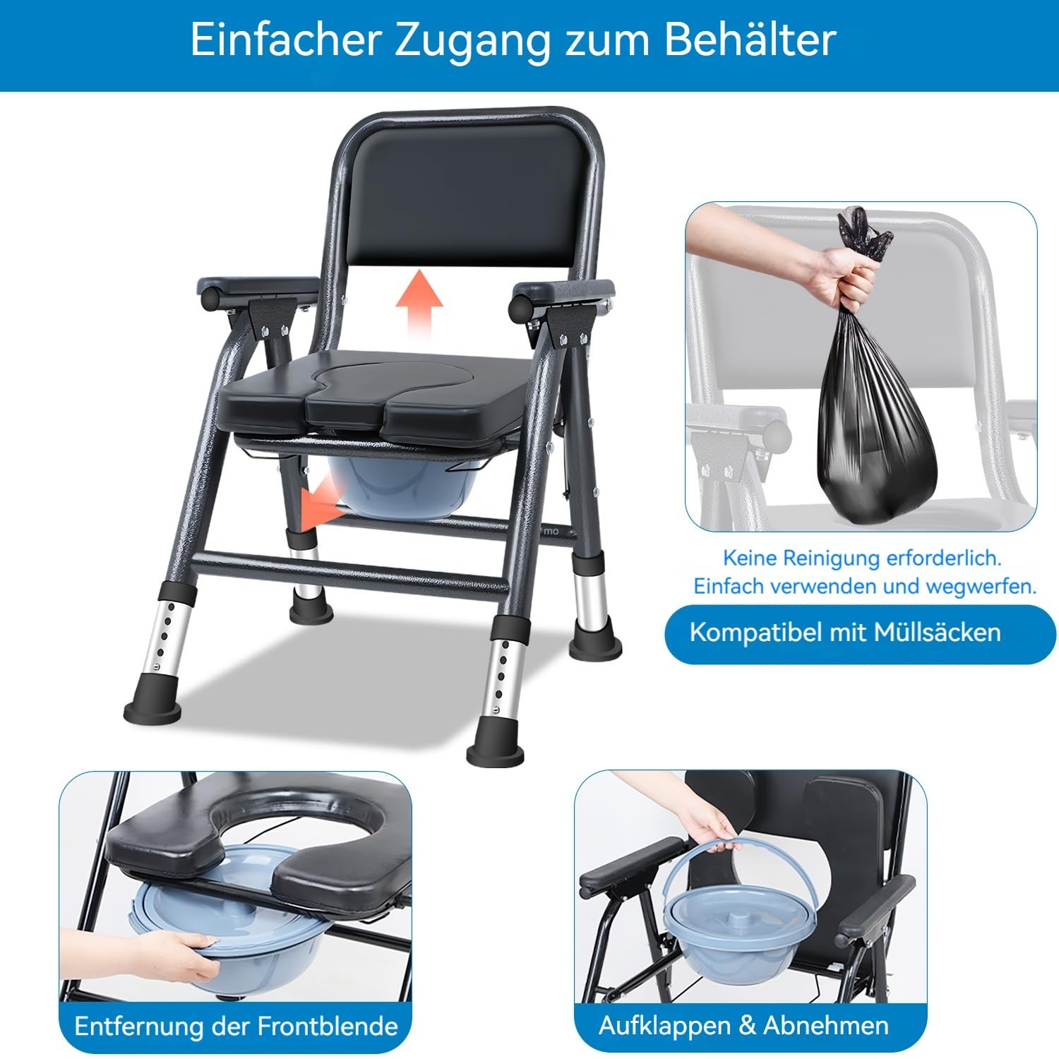 Toilettenstuhl Für Senioren, Höhenverstellbar 42-52cm 5-Stufen Klappbarer WC-Stuhl für Senioren, Toilettenstuhl mit Armlehnen 200kg Belastbarkeit, Bett Toilettenstuhl für Ältere Menschen