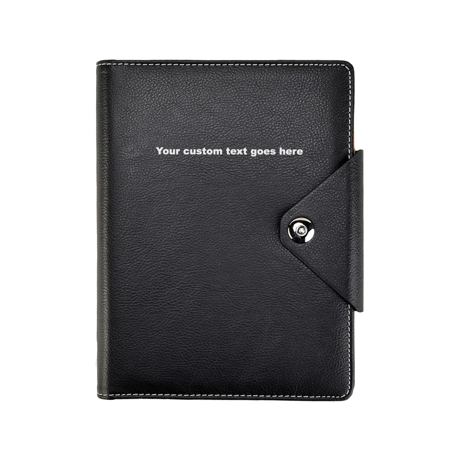 ARPAN Personalised Custom Text A5 Executive Personal Organiser Ruled Notebook Padded Leather Cover with Stud Button Closure (Black)