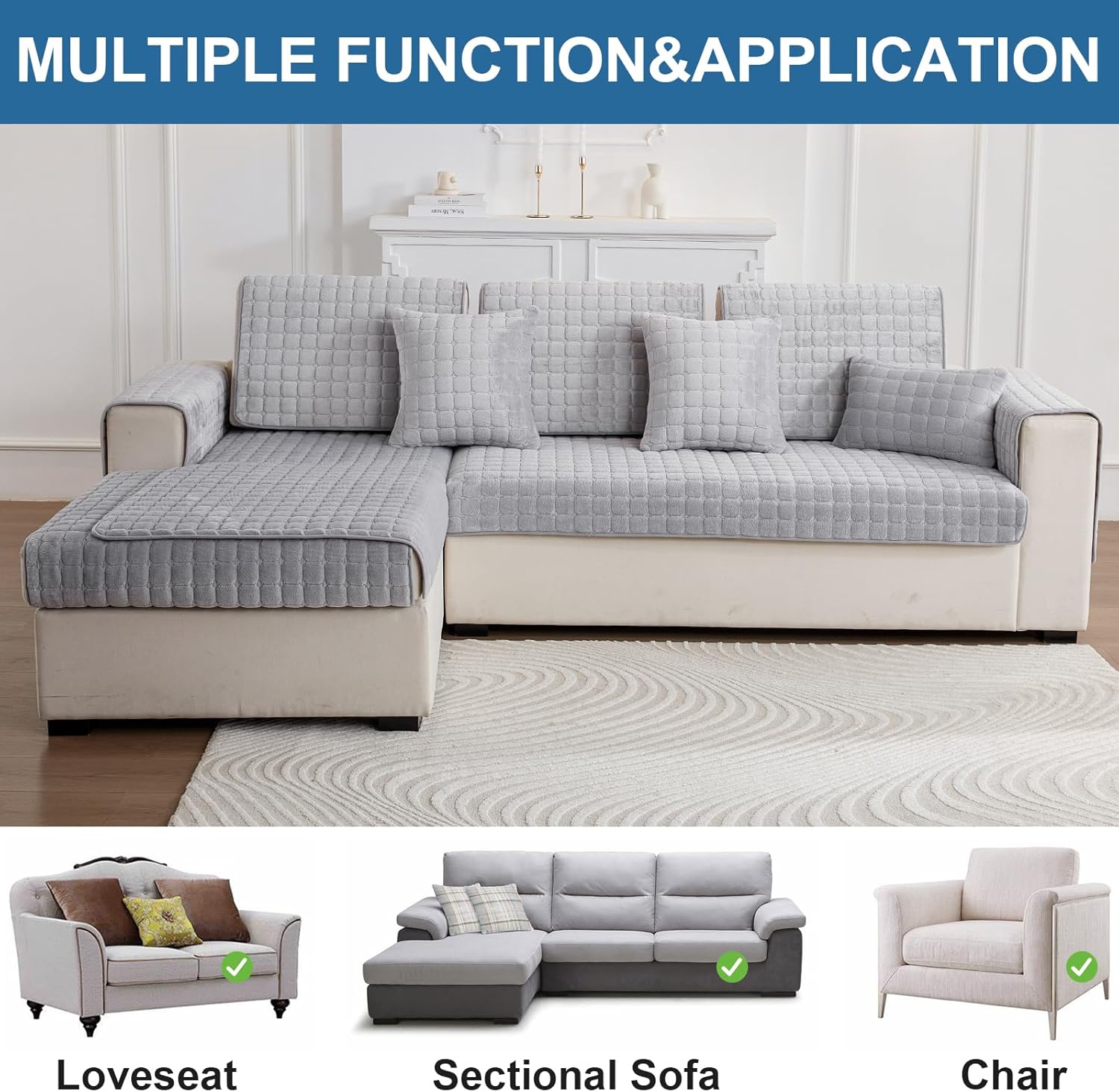 MIFXIN Sectional Couch Cover Sofa Cushion Covers Velvet Anti-Slip Furniture Protector Sofa Slipcover for 3 Cushion Couch Loveseat Recliner L Shaped Armrest Backrest (Only 1 Piece)