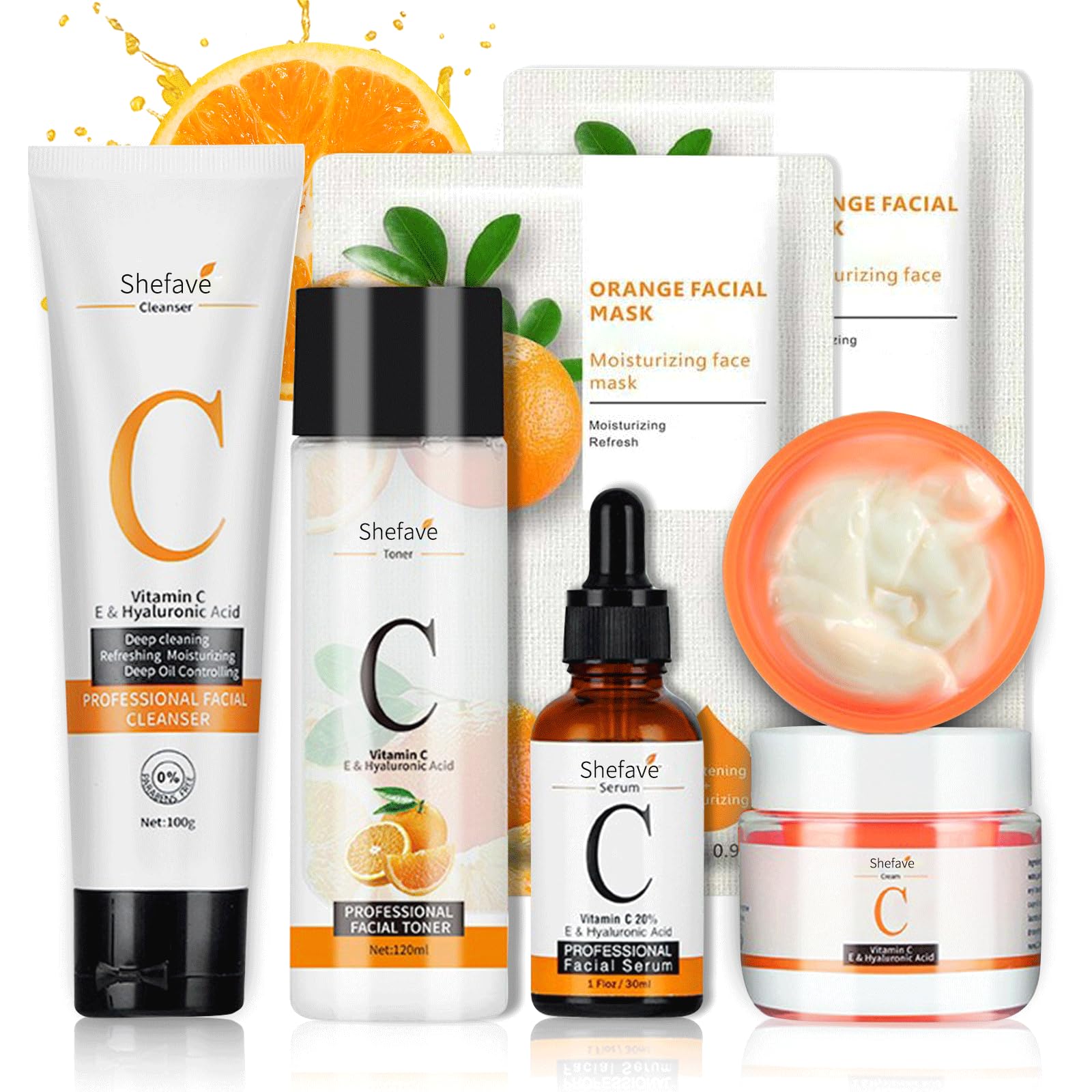 Sakura Sakura Gesichtspflege Set 11pcs Feuchtigkeit Hautpflege Sets-Serum, Gesichtscreme,Reiniger,Toner,Augenserum, Mask,Schlammmaske, Geschenke Set für Gesicht Reinigung & Pflege (Orange)
