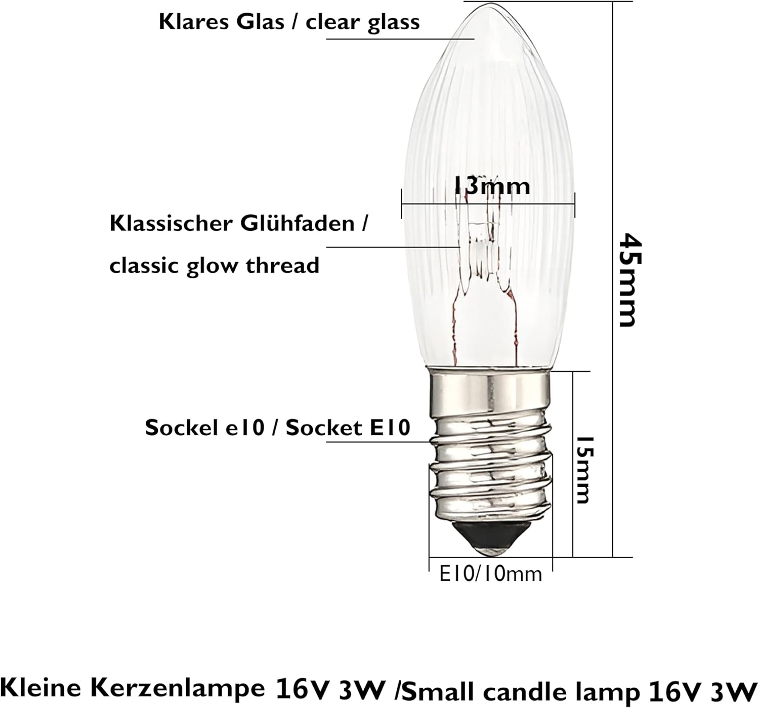 15 Pcs 3W 2700K Warmwhite Glass Bulbs Tapered Candles E10 Replacement Bulbs for Lights Candle Arch,String Lights, Christmas Garlands (3W 16V)
