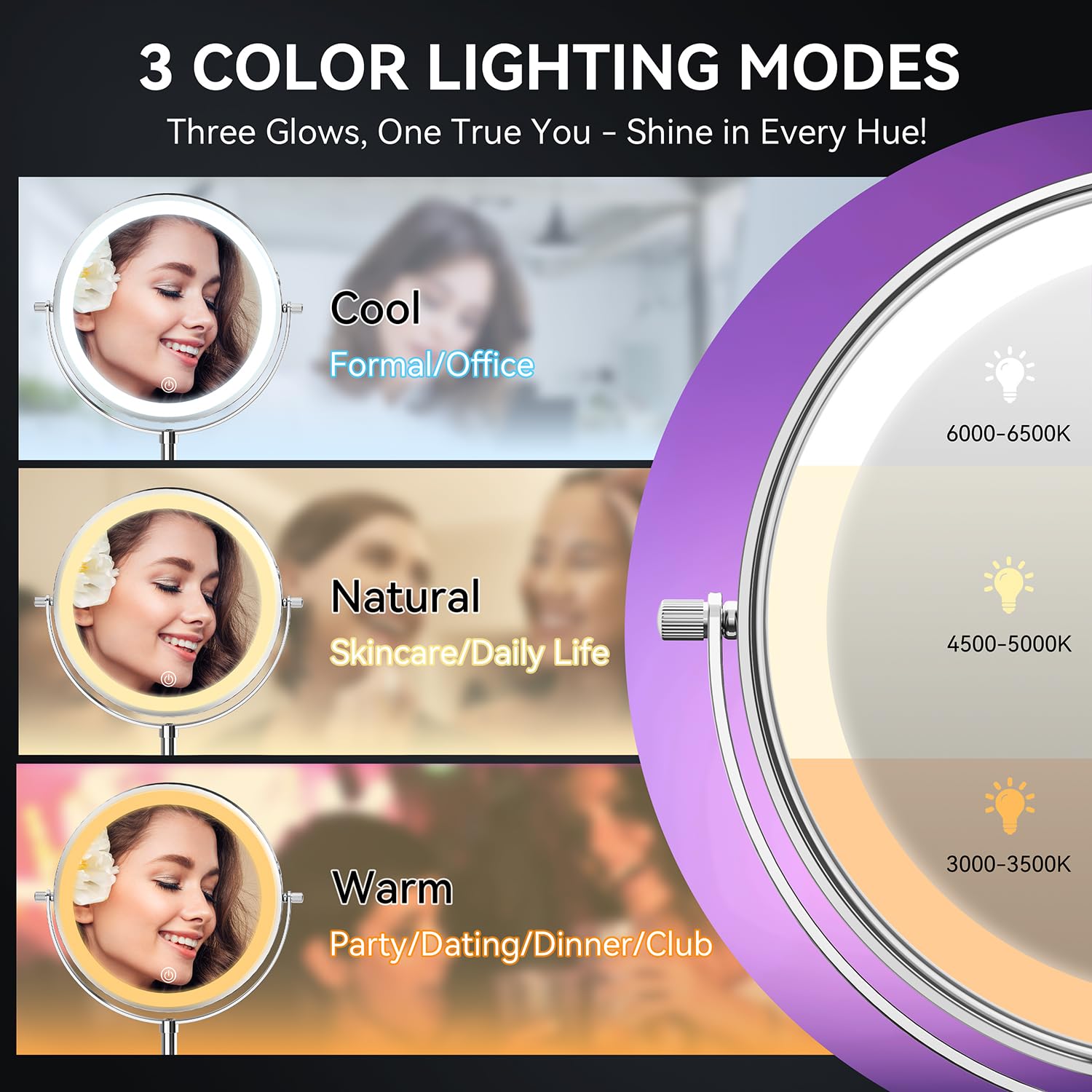 Auxmir 9" Miroir Grossissant Lumineux, 1X/30X Double Face, Miroir de Maquillage Réglable en Hauteur de 38 à 47 cm, 3000mAh Chargement USB, Miroir de Table 3 Couleurs Lumière Réglables, Rotation à 360°