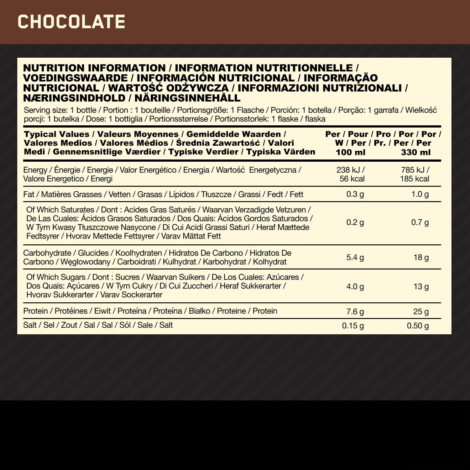 Optimum Nutrition Cocktails riches en protéines – Boisson prête à boire sans sucre ajoutée, faible en gras, pour hommes et femmes, pour la consommation après l'entraînement, chocolat, 12 x 330 ml