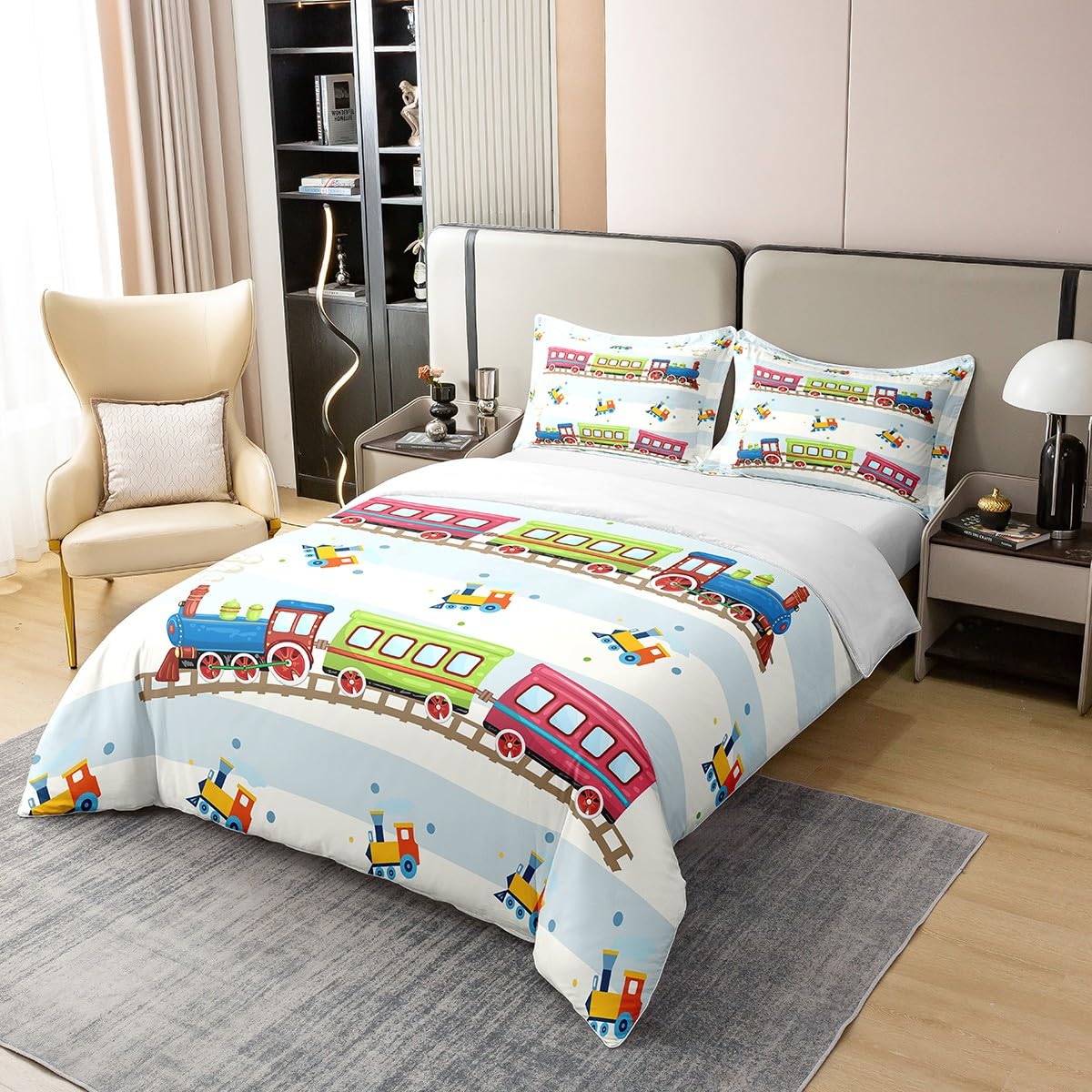 Loussiesd Zug 100% Baumwolle Bettwäsche Set 135x200cm Auto Vehies Drucken Bettbezug Set Nette Züge Betten Set für Kinder Bettwäsche Ultra Weich Raum Dekor Bettbezug Reißverschluss Verschluss