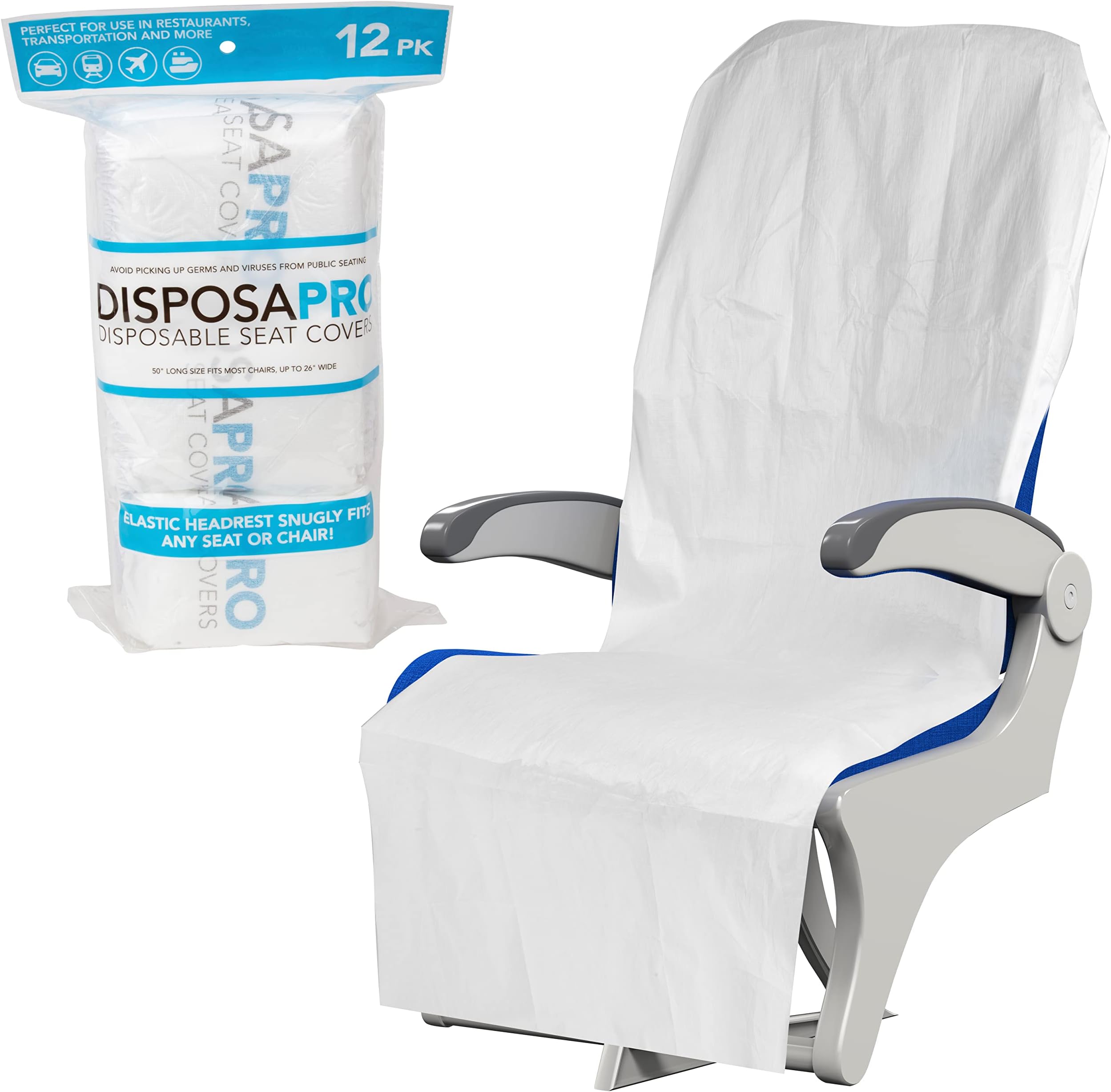 Disposable Airplane and Public Seat Covers (12 pack) - Individually Wrapped Travel Ready Protector Covers seats in Planes, Restaurants, Public Transportation, and More! - Fits Snugly Over ANY Seat