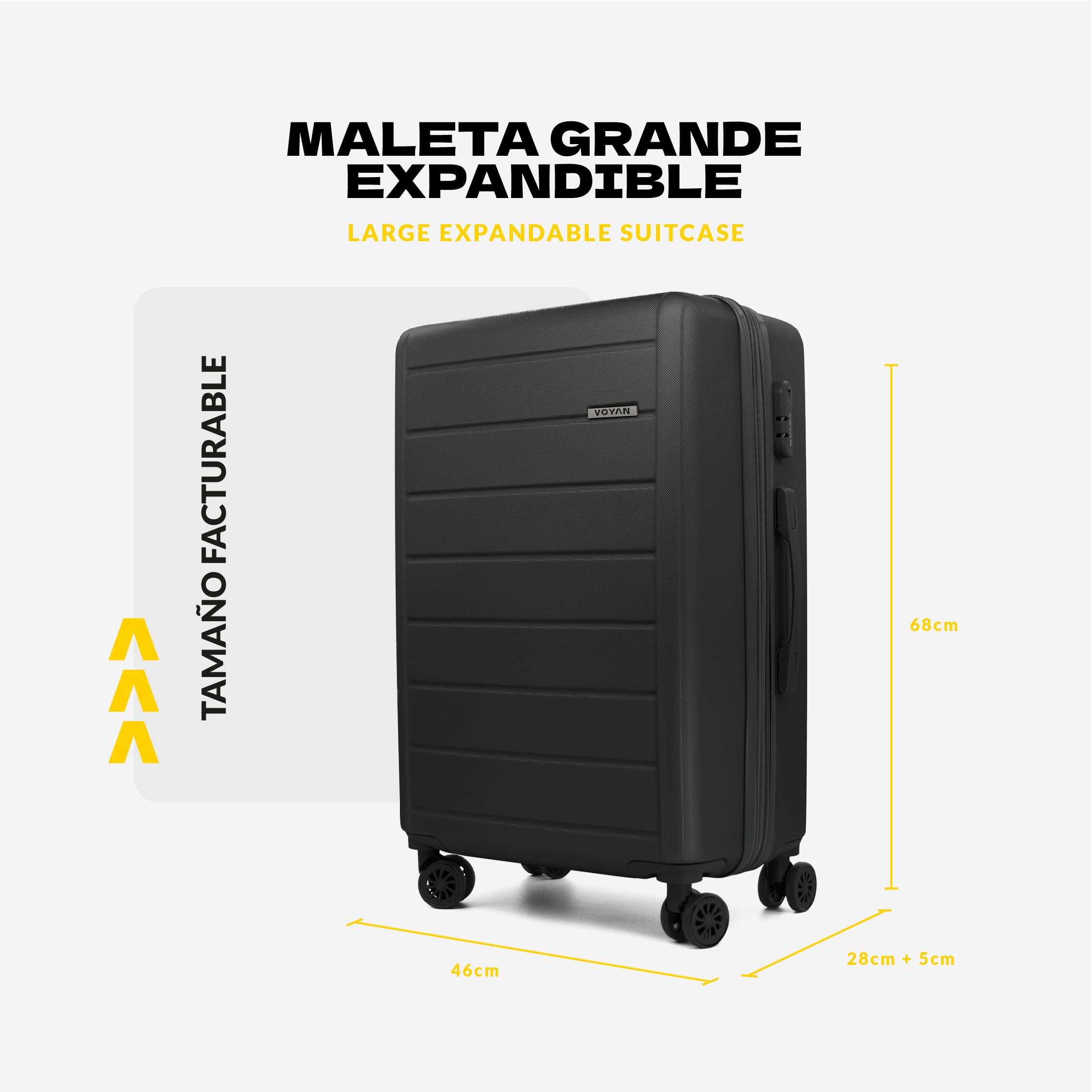 VOYAN Maleta Grande 23kg SDR Gris 68x46x28 Expandible, Trolley Rigido ABS Ligero 4 Ruedas 360°