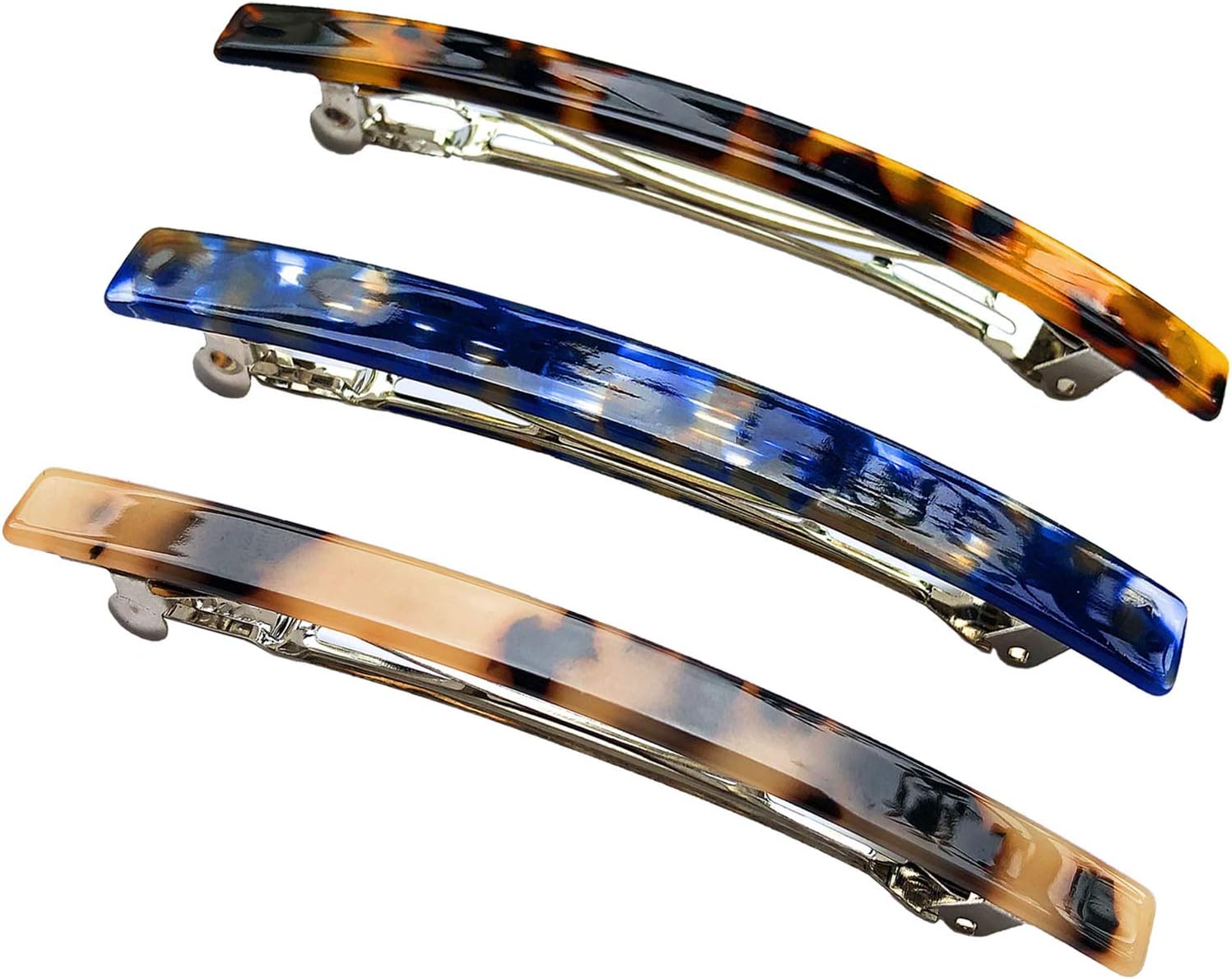 Long French Barrettes for Women Simple Classic Acrylic Resin Hair Clips Tortoise Shell Skinny Large 4 inch No-slip Grip Automatic Clasp Clamp For Thick Hair, 3 Pack