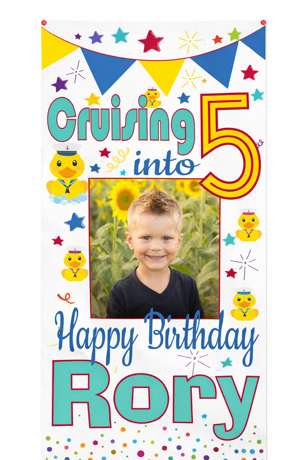 Print A Party Personalised Cruise Door Decorations, Birthday Banner Customised with Age, Name and Photo for Men, Women or Kids, Large 4ft x 2ft (Blue Ducks)