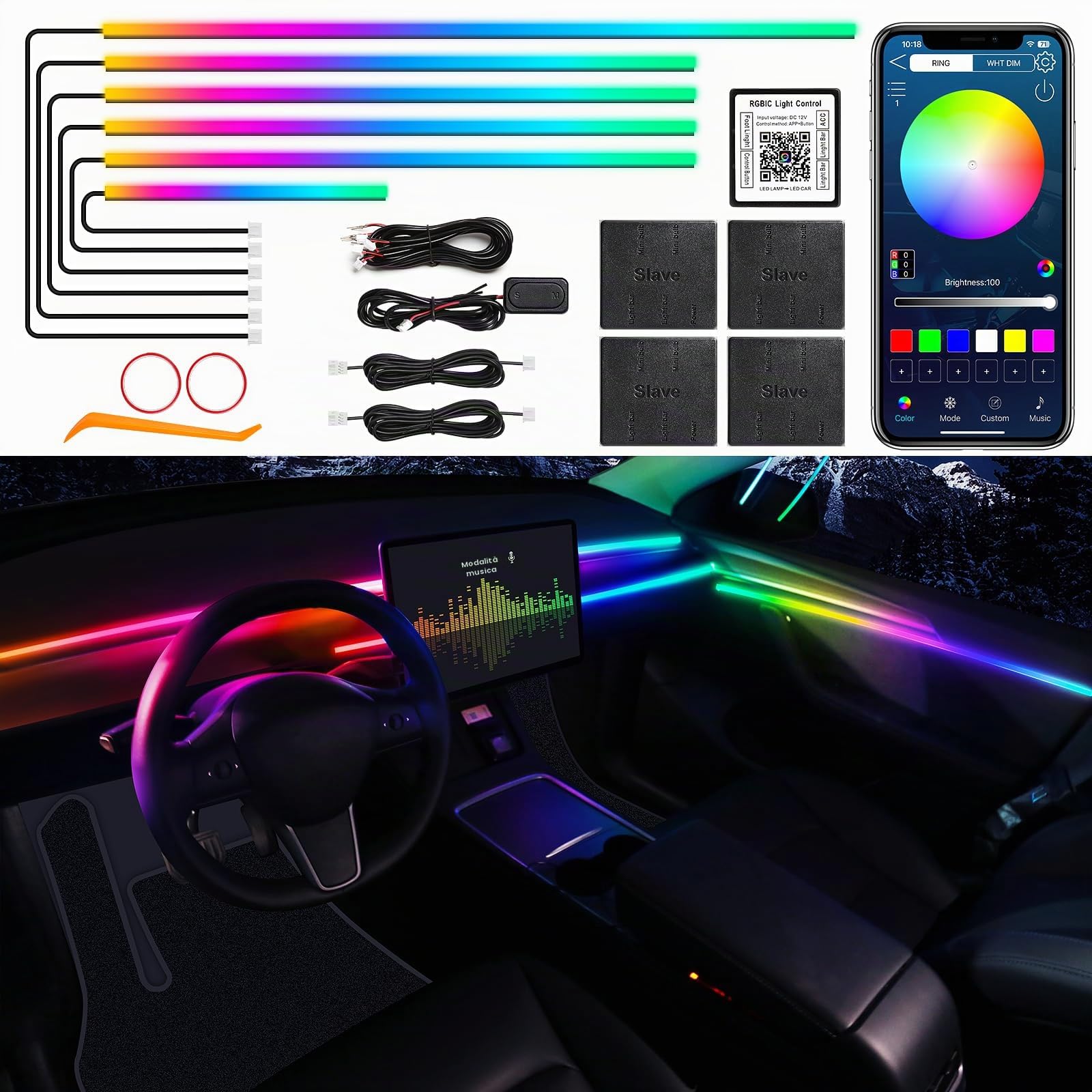 Striscia LED acrilica Dream+Color per interni dell'auto con APP wireless, RGB 6 in 1 con 175 pollici, 612 LED, kit di illuminazione ambientale a fibra ottica, strisce LED al neon dinamiche con