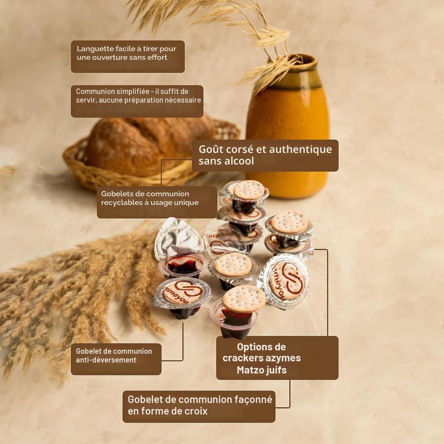 Mmeyou Paquets hostie de communion et gobelet de vin pré-rempli pour communion - Mmeyou pain azyme avec jus de raisins rouge - Kit de communion emballé tout-en-un. (Quantité 100)