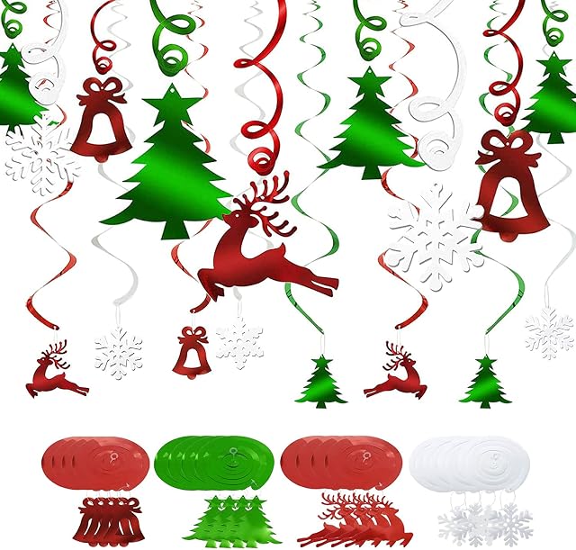 30PCS Christmas Ceiling Decorations, Christmas Hanging Decorations Indoor, Christmas Hanging Swirls Decorations, Christmas Tree, Bell, Reindeer, Snowflake for Birthday Holiday Party Decor