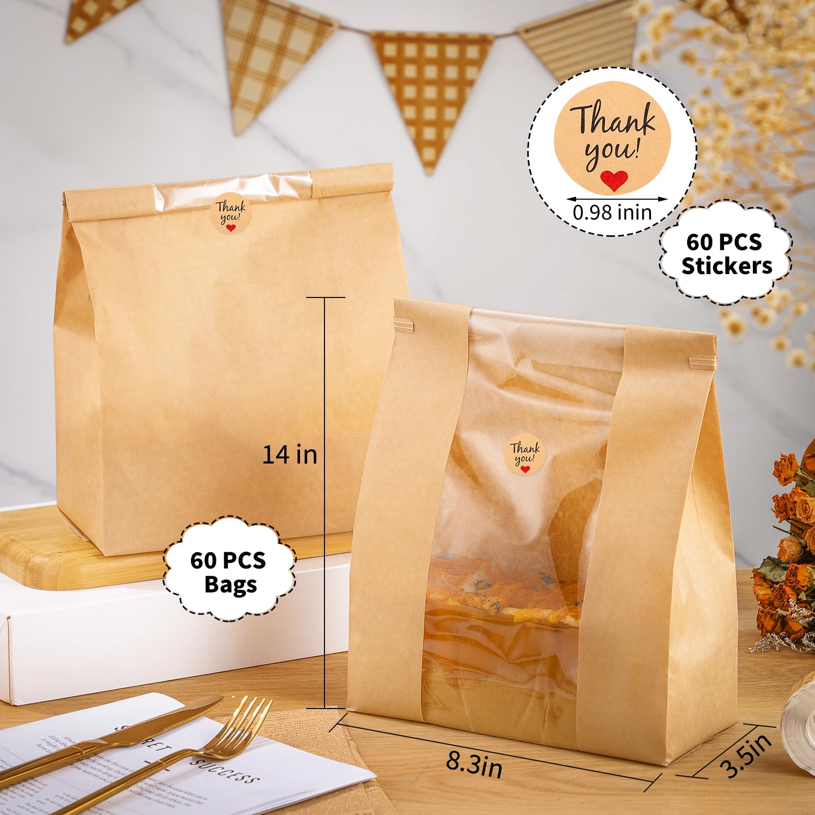 60 sacchetti di carta per pane fatto in casa con lievito naturale e chiusura a linguetta in latta, finestra frontale trasparente e adesivi sigillanti, sacchetti da forno per biscotti, pane e dolcetti,
