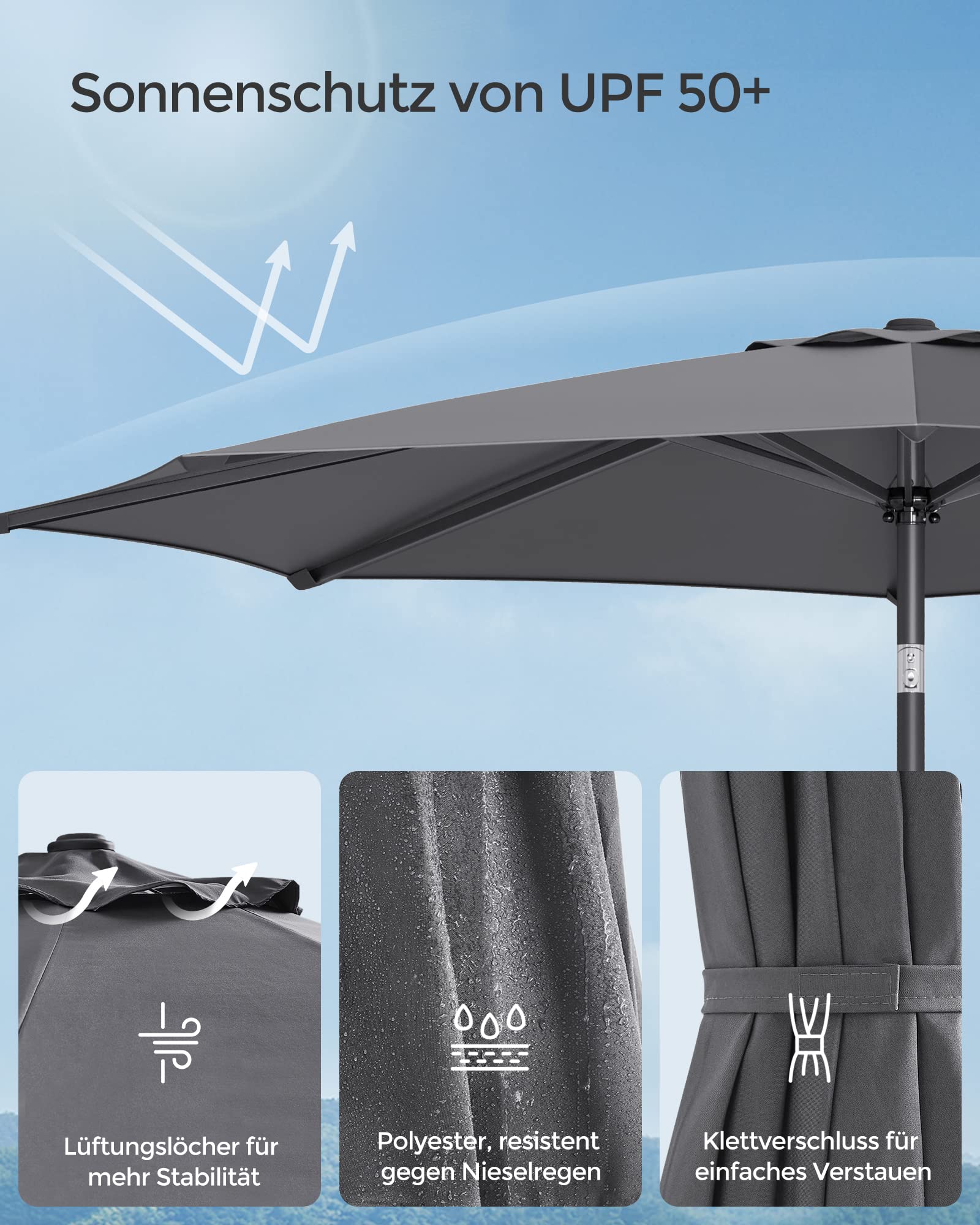 SONGMICS Gartenschirm Ø 300 cm, Marktschirm, UV-Schutz bis UPF 50+, Terrassenschirm klappbar mit Kurbel, ohne Ständer, Garten, Balkon, Terrasse, grau GPU30GYV1