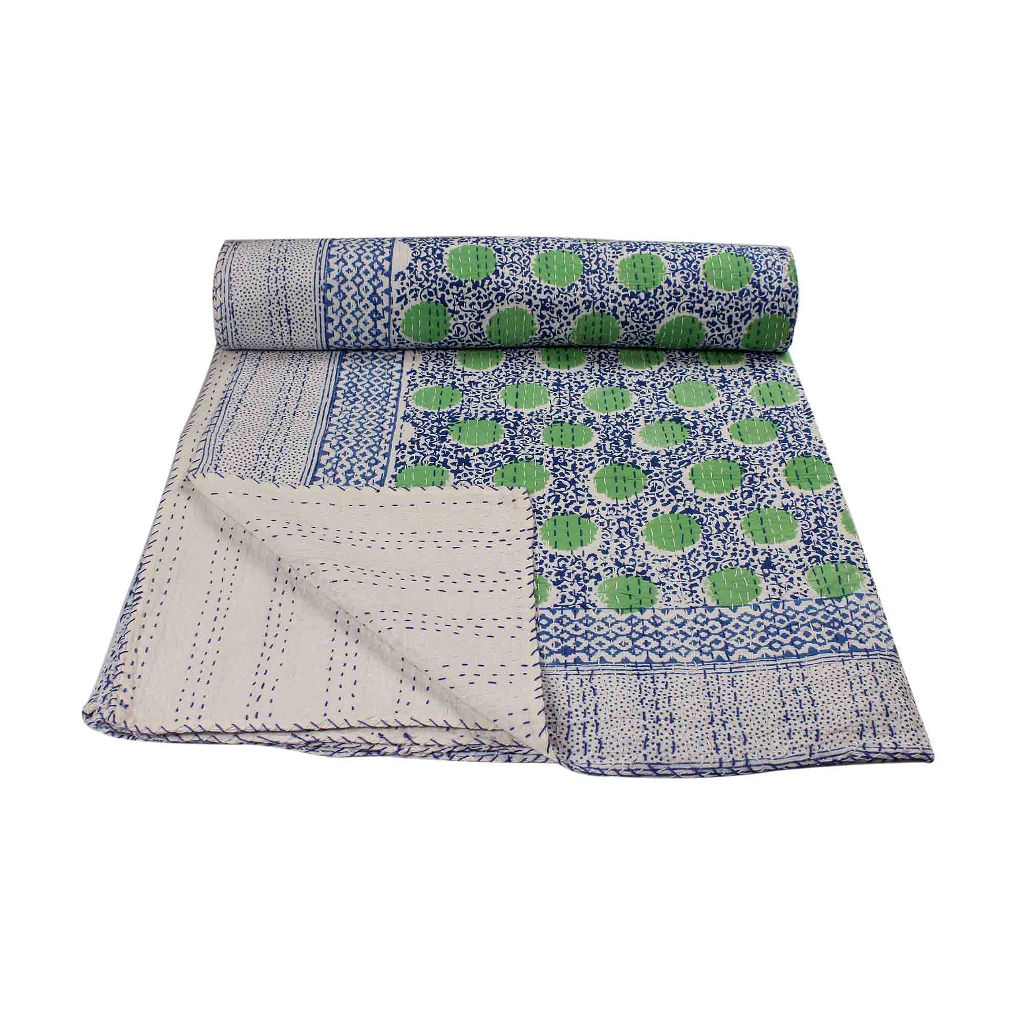 Couvre-lit rond vert Kantha en coton fait main pour lit double