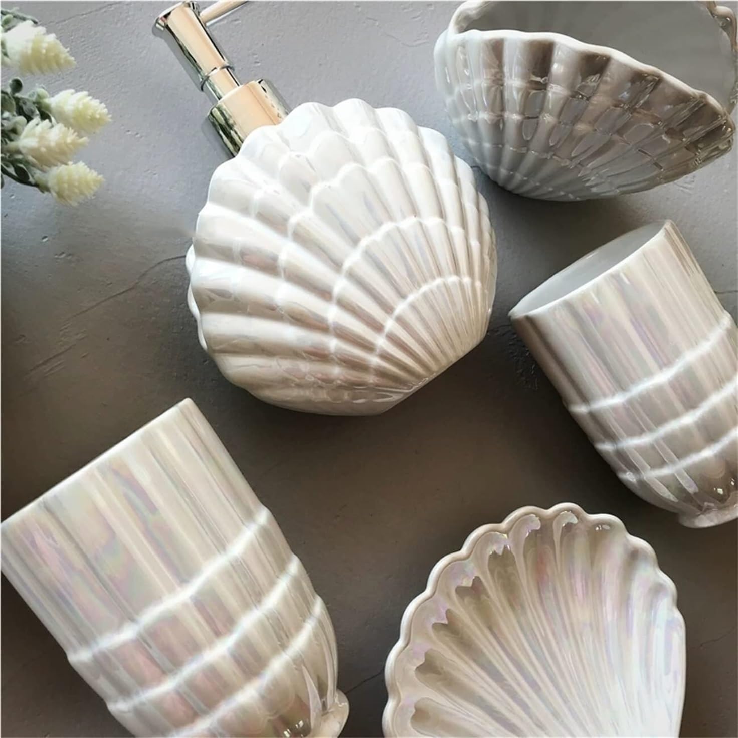 Badezimmer Set 5er-Pack Muschelförmige Badezimmer-Accessoires-Set Aus Keramik Für Badezimmer, Waschtischplatte Mit Lotionspender Dekoration Organizer