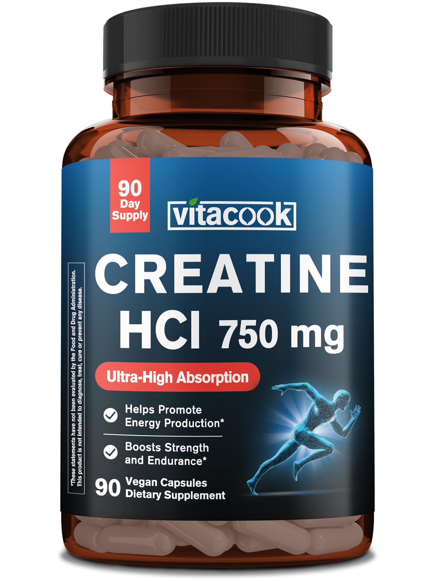 Creatine HCl 750mg, Ultra-High Absorption, Easily Digestible, No Bloat, No Load, Boosts Strength, Endurance, Energy Production, for Men & Women, 90 Vegan Capsules