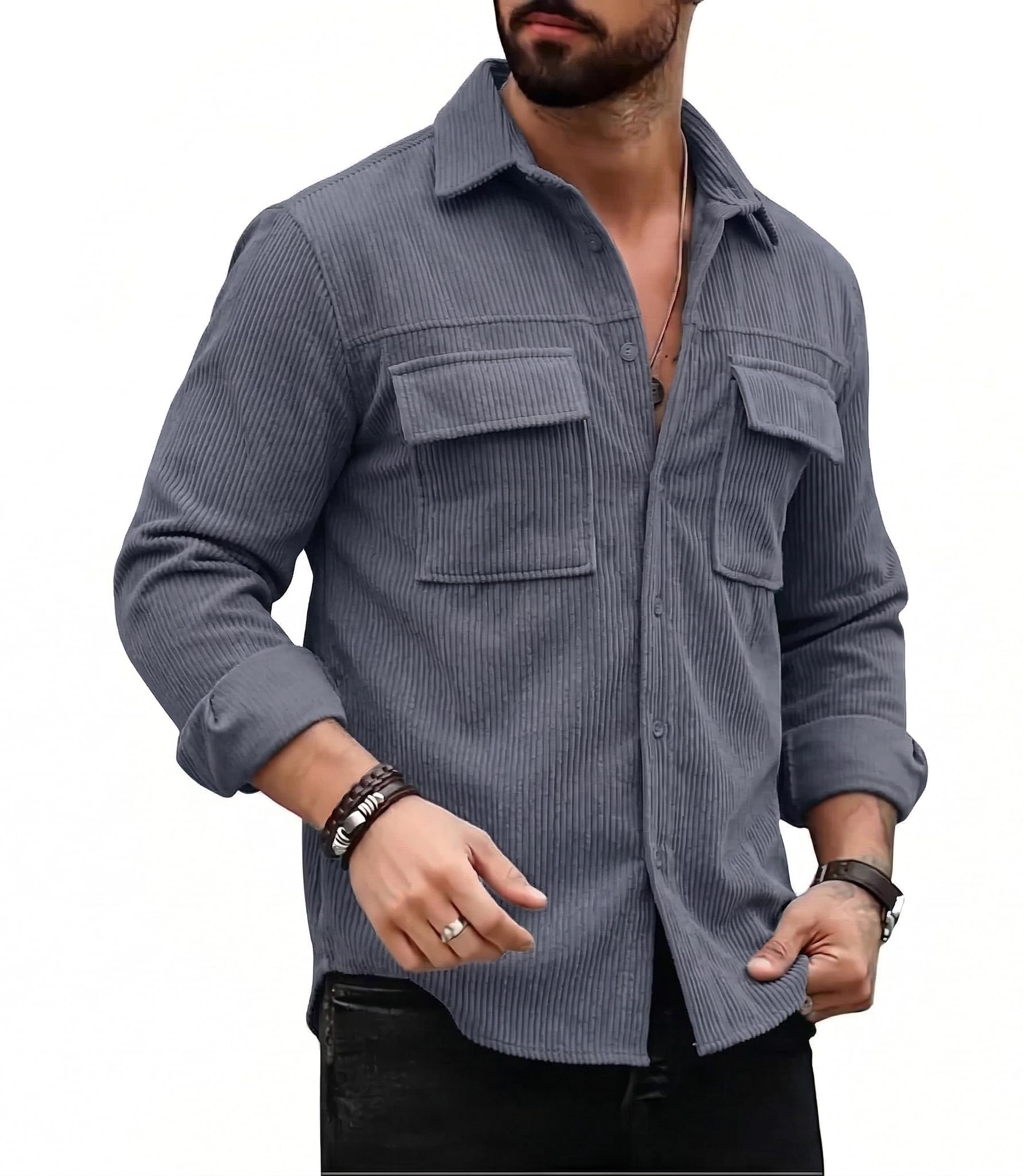 indoprimo Men's Stylish Corduroy Casual Button Down Shirt with Double Pocket for Men-picture-31