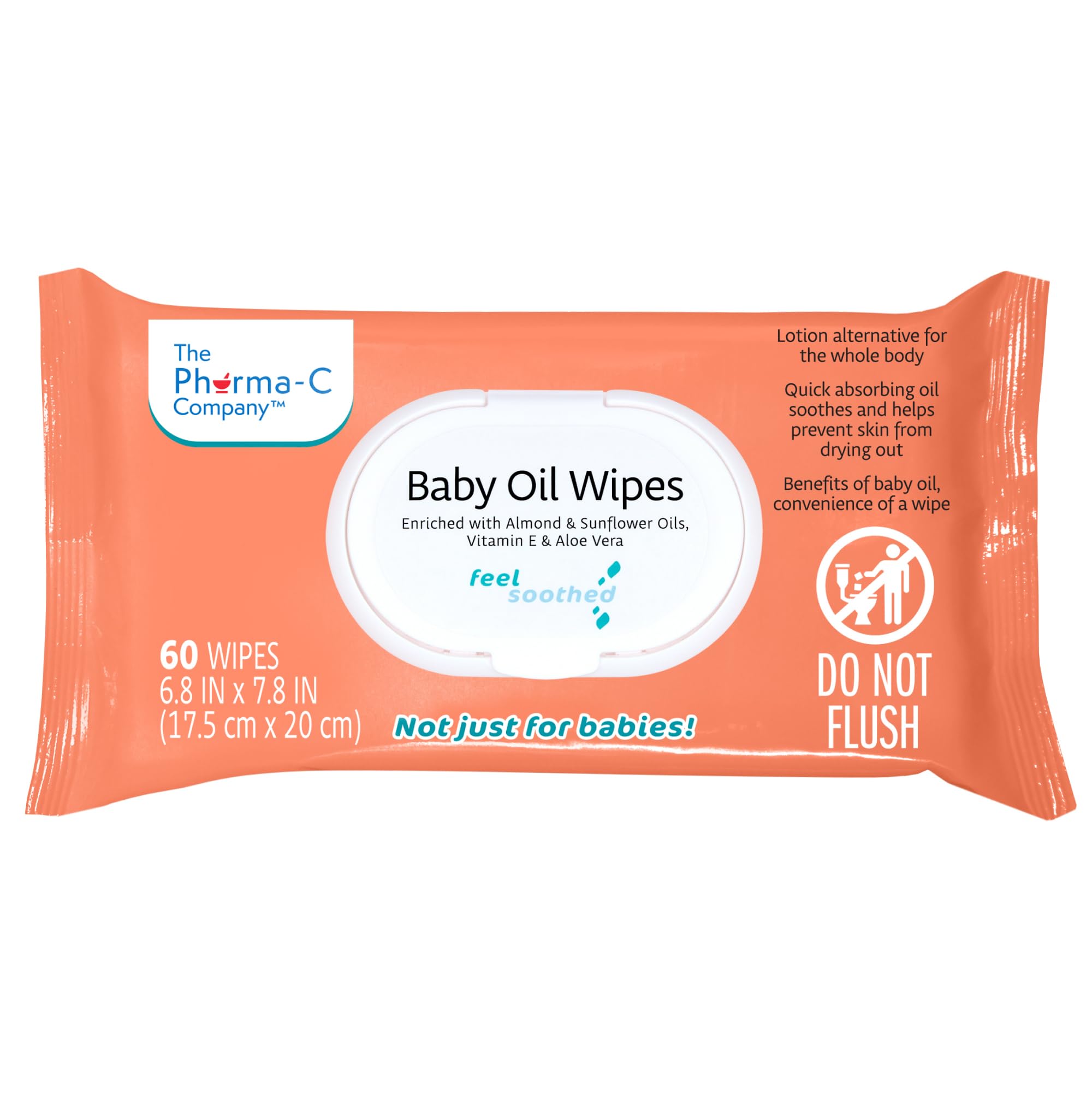 The Pharma-C Company Baby Oil Wipes. (60 Wipes) Enriched with Almond and Sunflower Oils, Aloe and Vitamin E.
