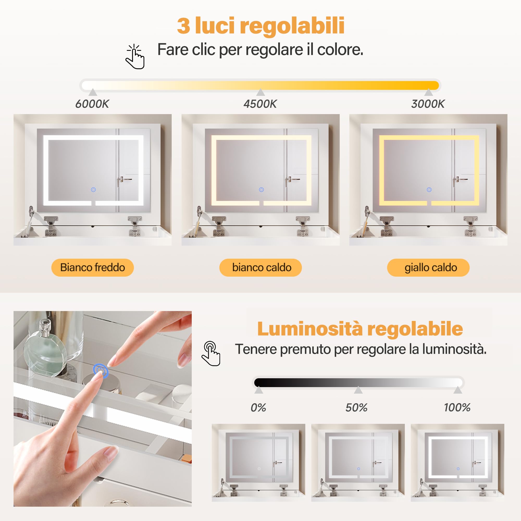 SONNI Toletta Con Luci E Cassetti Per Camera Da Letto, Armadio 2 In 1 Design, Bianca Con Sgabello E Specchio Pieghevole, 60x83x45cm