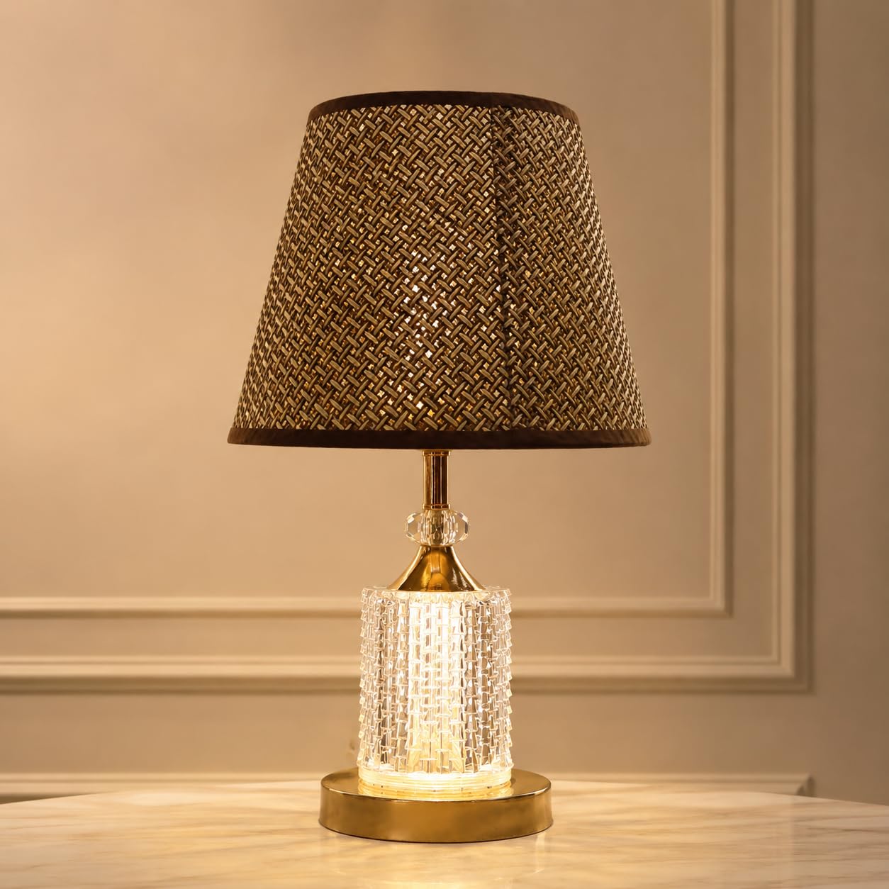 Vela Corded Shade Table Lamp | Crystal Design Stand | Gold | 3 Color Modes in Acrylic Base | Dual Switch Corded | Brown Threaded Woven Shade | Tabel Lamp for Bedroom Living Room Study-image-2