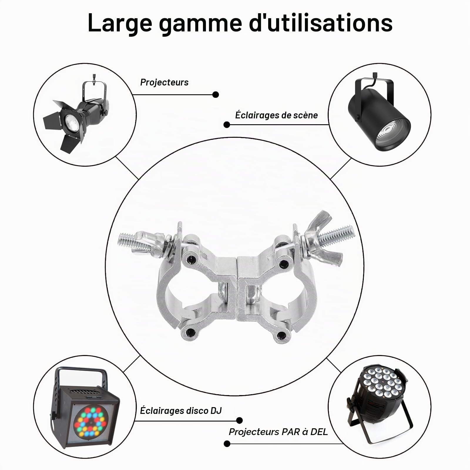 QUARKZMAN Pince de Structure Légère Charge Maximale de 6,8kg Double Boucle | 1 Pièce, en Alliage d'Aluminium, pour Tube de Projecteur de 18-21mm de Diamètre