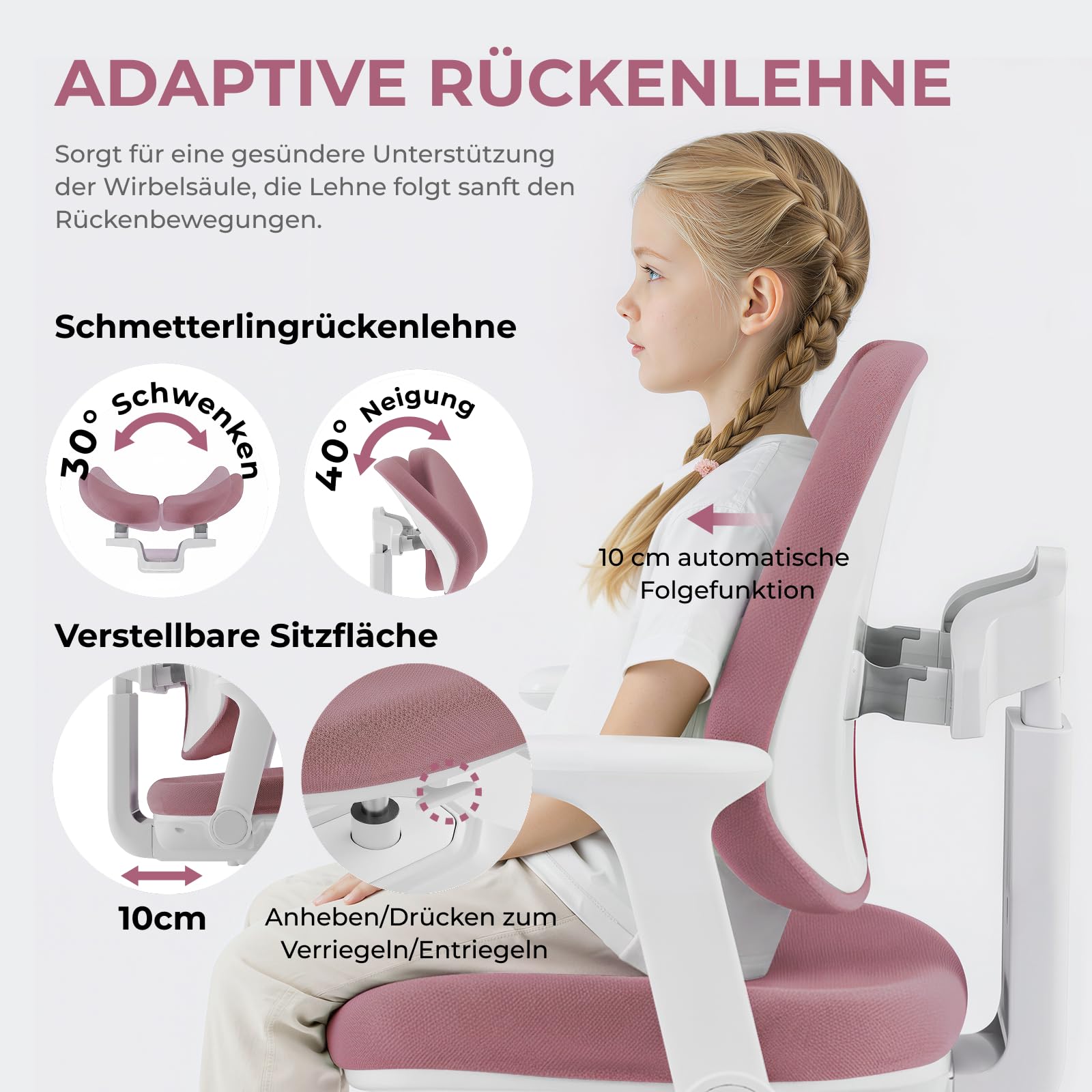 HOKO Ergonomischer Kinderstuhl mit Verstellbarer Rückenlehne & Fußstütze – Mitwachsender Schreibtischstuhl für Kinder, Schüler & Jugendliche
