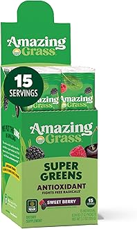 Amazing Grass Greens Blend Antioxidant: Super Greens Powder with Spirulina, Beet Root Powder, Elderberry, Prebiotics & Probiotics, Sweet Berry, 15 Servings (Packaging May Vary)