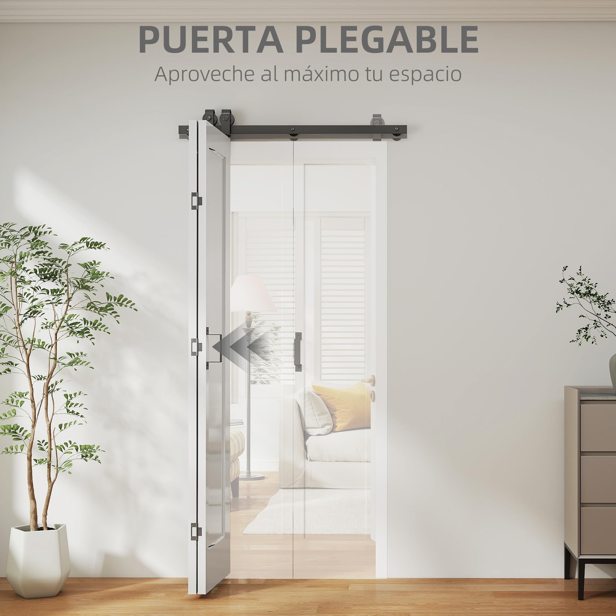 HOMCOM Puerta Corredera con Herrajes Puerta Plegable Corredera con Acabado Personalizable Tirador Fácil Montaje para Baño Salón Sala de Estar Cocina 90x210 cm Blanco
