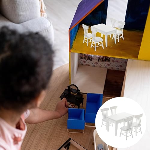 Miniatura 4 de Beaupretty 5pcs 112 Mini Casa Miniatura Mesa de Comedor Silla Muebles de Madera Conjunto de Casa de Muñecas Accesorios de Comedor (blanco)